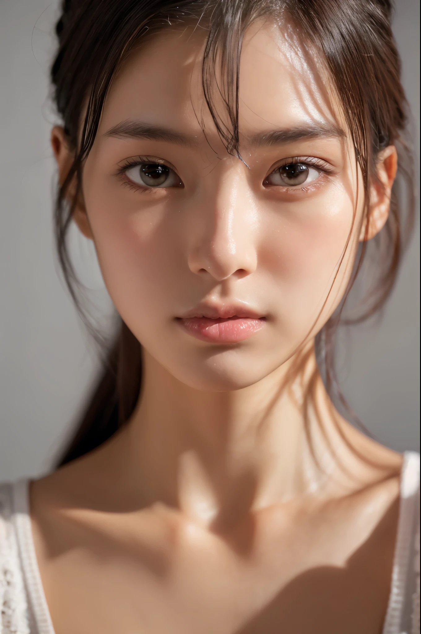 Young japanese lady, 30s, White background, It features a simple背景, white-brown hair, slender, 4K, in 8K, High quality, Beauty, Beautiful eyes, It features a simple, High resolution,1 person,Beautiful skins,Beautiful skin