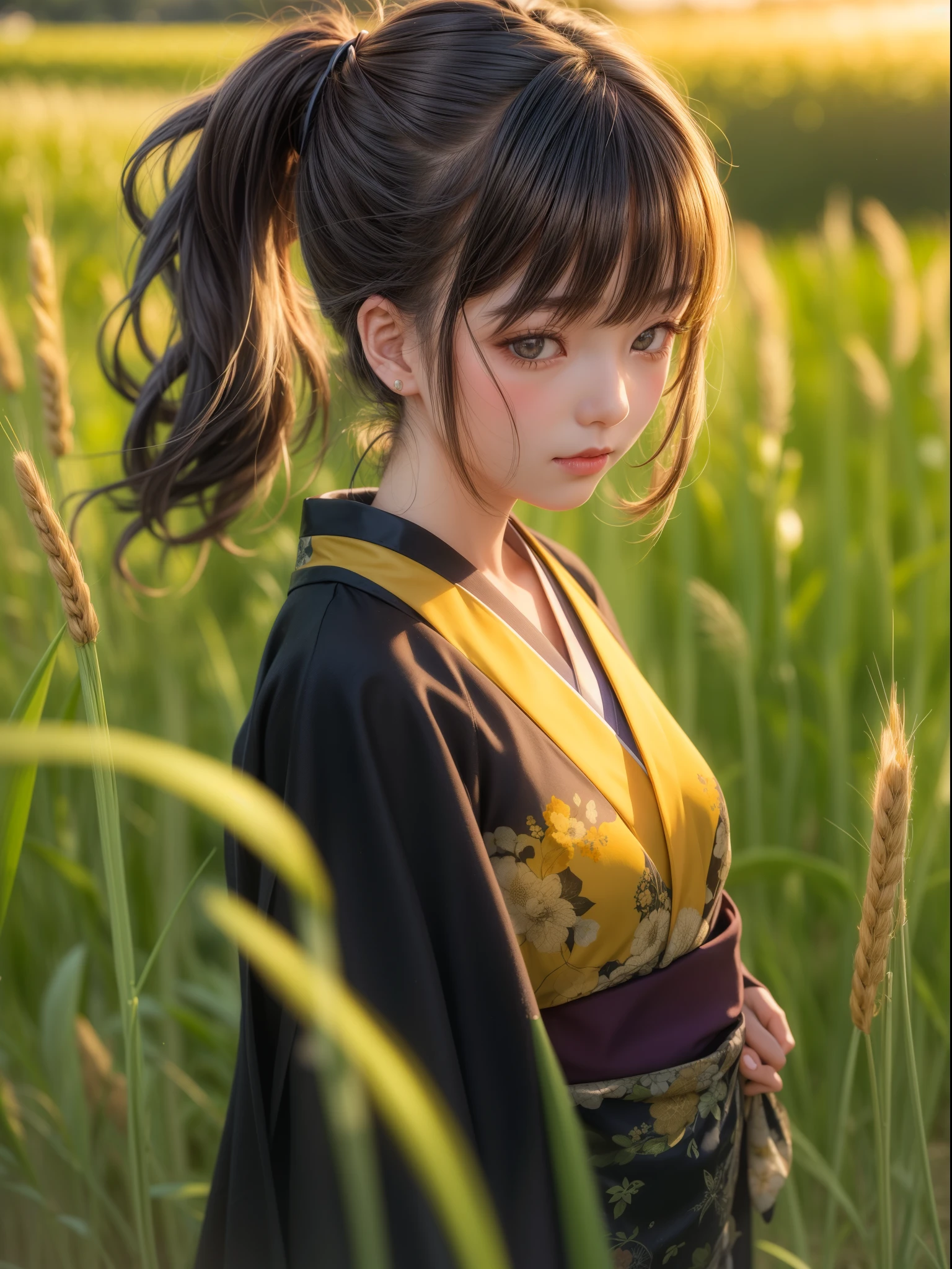 A girl in a kimono with a blank look stands waist-deep in a field of wheat, a black kimono with gold edges, her hair is tied in a ponytail, yellow eyes, the sunset is reflected in her eyes, the light falls on her face, half-sideways to the camera