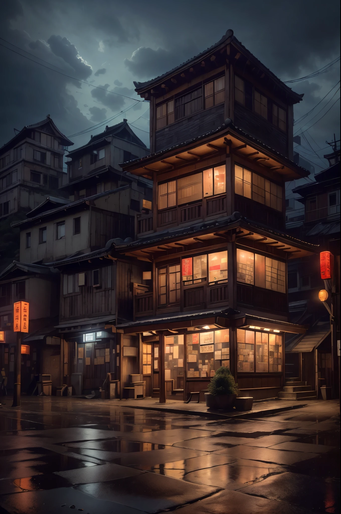 Feder village view，a lot of lights on the buildings，Dream Chinese town，the street，Corner store，stair building，China Village，Stunning wallpapers，Japanese mountain town，Japan Village，surreal photo of a small town，old asian village，(The sky in the distance is covered with dark clouds)，Japan city，Raymond Han，rainy evening, Cyberpunk ancient Chinese castle, well-lit building, Late afternoon，in the rain, Beautiful and beautiful, photography of, 电影灯光, 8K, high detal ((heavy rain poured)))，Fantastical_A WORLD，