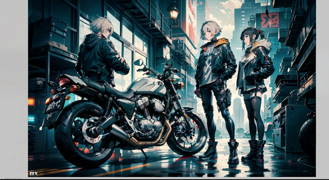 cyberpunked、girl with、mechanic、comical、Anime style、Gray and dark hair、motor bikes、Rider Jacket、punk coloring、sity、ナイトsity、group