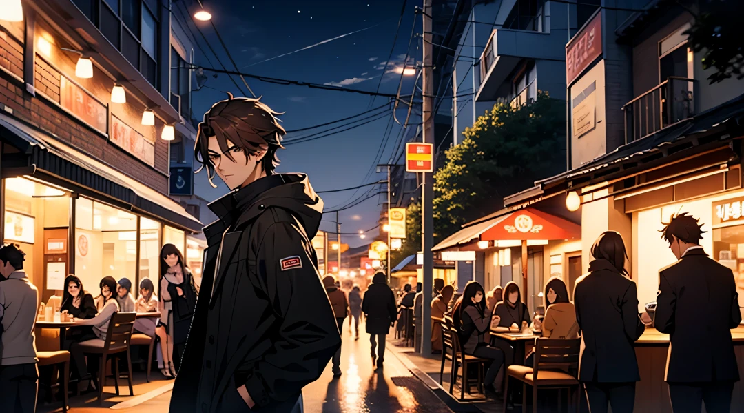 a man on the front of the cafe, dark hair,  30 years old, tall,anime style, korean hair style . cafe in the night, people, street, cozy