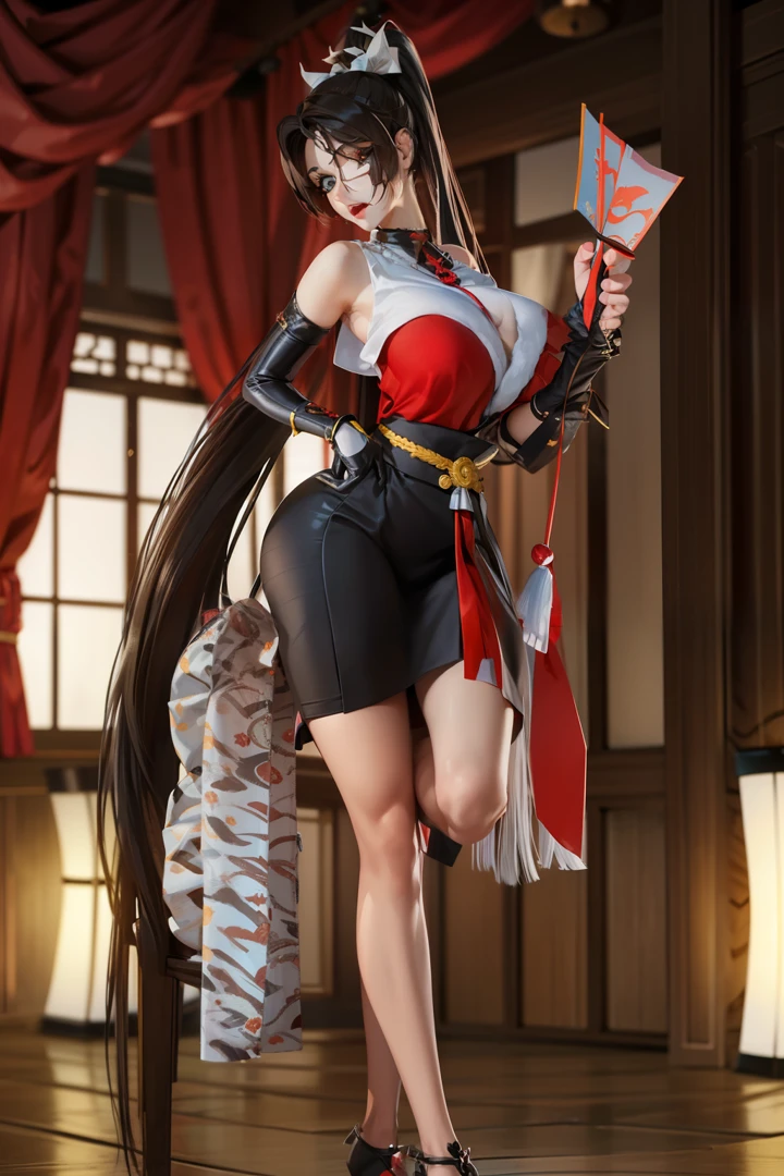 tmasterpiece,Best quality,(actual,1个Giant Breast Girl,独奏,beauitful face,Detailed faceeautidful eyes),upper legs,Long gray hair,pony tails,contains an icon,red colour,ninjartist,ninjartist,shoulder,Wear gloves on elbows,Skirt curtain,Hand folding fan,folding fan