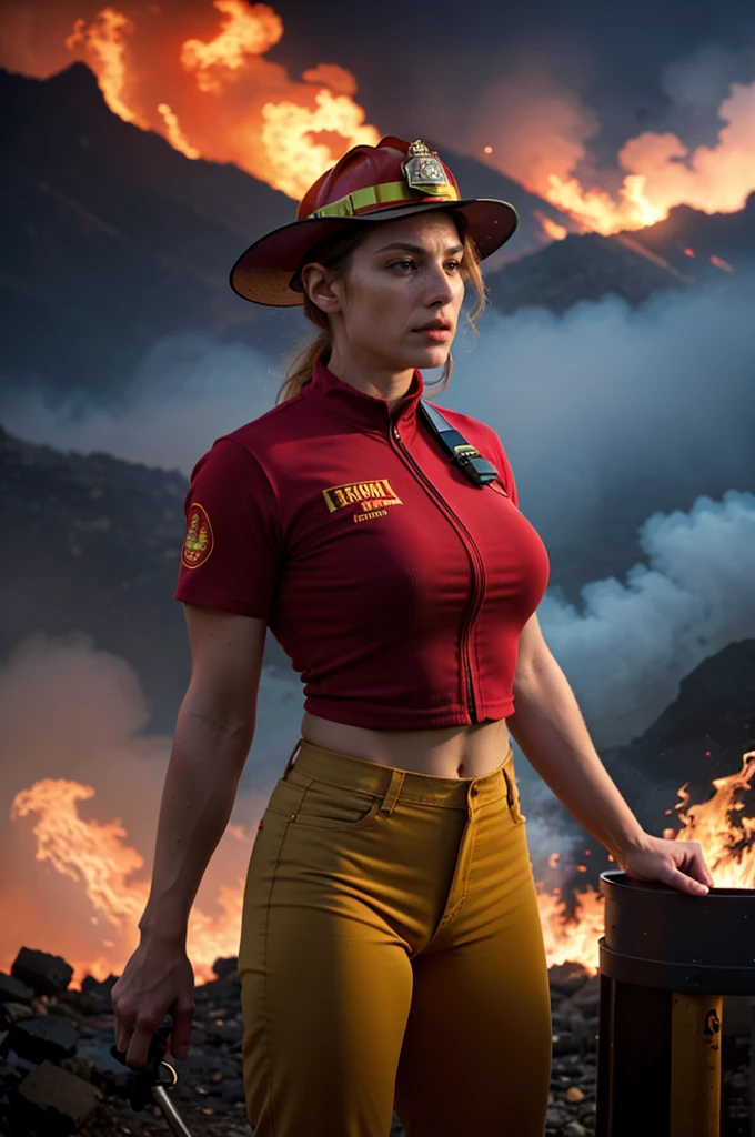 (a naked female firefighter),(best quality,highres),(vivid colors, HDR lighting),(naked female firefighter),(fire,female, bravery, strength, empowerment, dangerous work),(firefighter,muscular,young,professional hat,professional attire,red uniform, protective gear),(intense flames,smoke,fiery hot environment),(intense focus),(heroic silhouette),(professional equipment), (bright red and orange color tones),(dynamic composition).