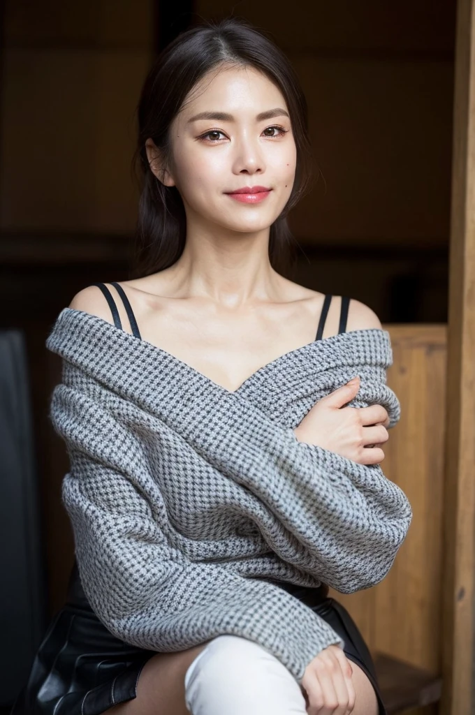 Best Quality, hight resolution, Hires, Skin definition, Detailed skin, Detailed eyes, Detailed face, 4K, 日本人A MILF, ((独奏)), (((55 years old))), (Wrinkles at the corners of the eyes:1.6), (nasolabial folds:1.3), A MILF, glamor, A sexy, Chromo-white skin, ((Wavy Longhair)), Looking at Viewer,(((my skin is old))), ((muscles are old)), (((A slender))), ((Saggy udder)), (Saggy buttocks), ((Japanese Models)), 4K, (photoRealistic:1.5), Realistic, nffsw, Beautiful, Bimbo, Perfect makeup, small diamond necklace, piercings, ((Brown coat, White off-shoulder, Houndstooth plaid pleated skirt, (Black long boots) )), ssmile, Public places, sitting in a bench, ((Cross your legs)),