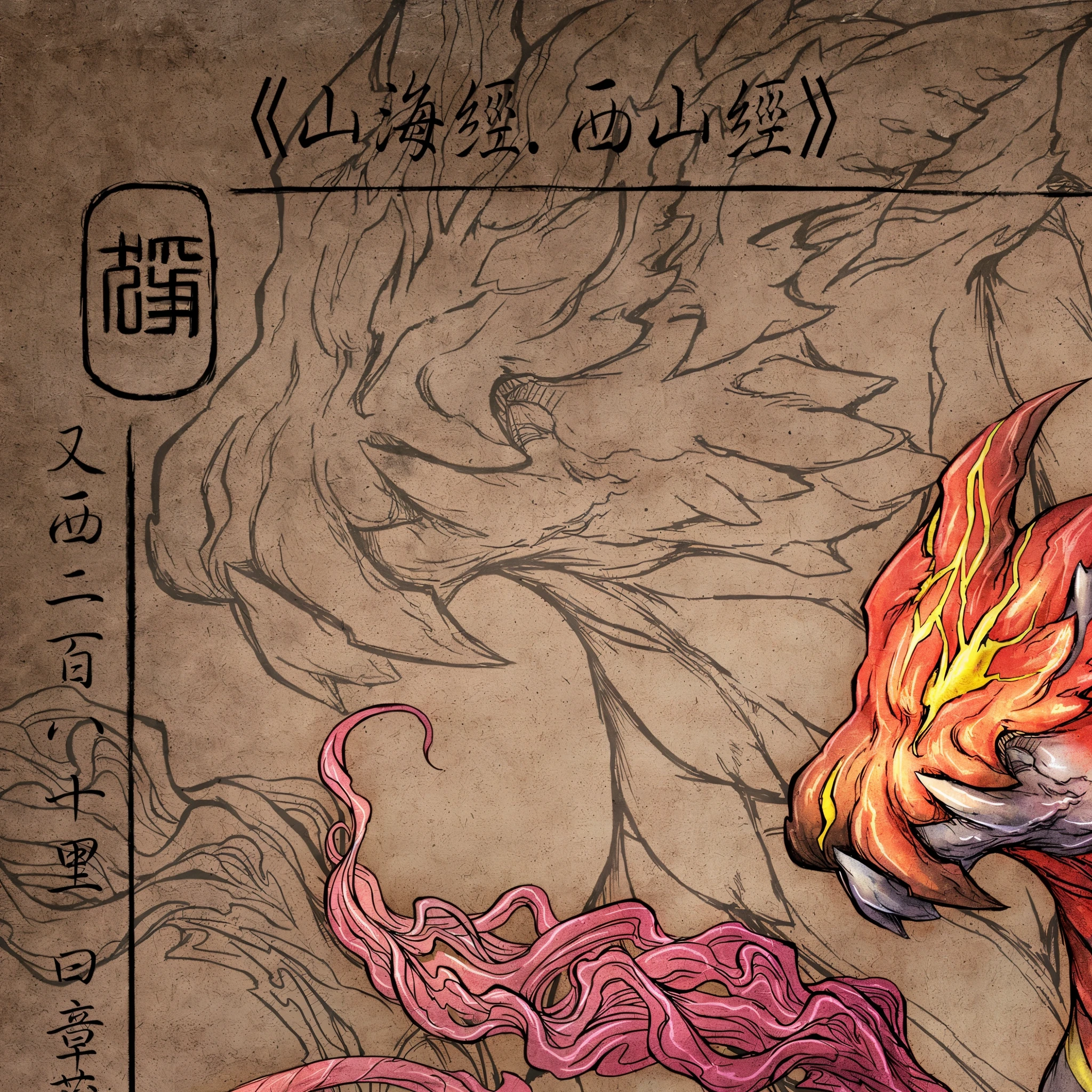 There is a drawing of a dragon,Its body resembles that of a dragon, Nine tails, full-colour illustration, Detailed and colorful, Dan Mumford and Alex Gray style, Akira in Chinese mythology, colored illustration for tattoo, Inspired by Sichuan hot pot Kyousai, high quality colorful sketch, Inspired by Kameda Hirosai, Super detailed color art, epic full-colour illustration