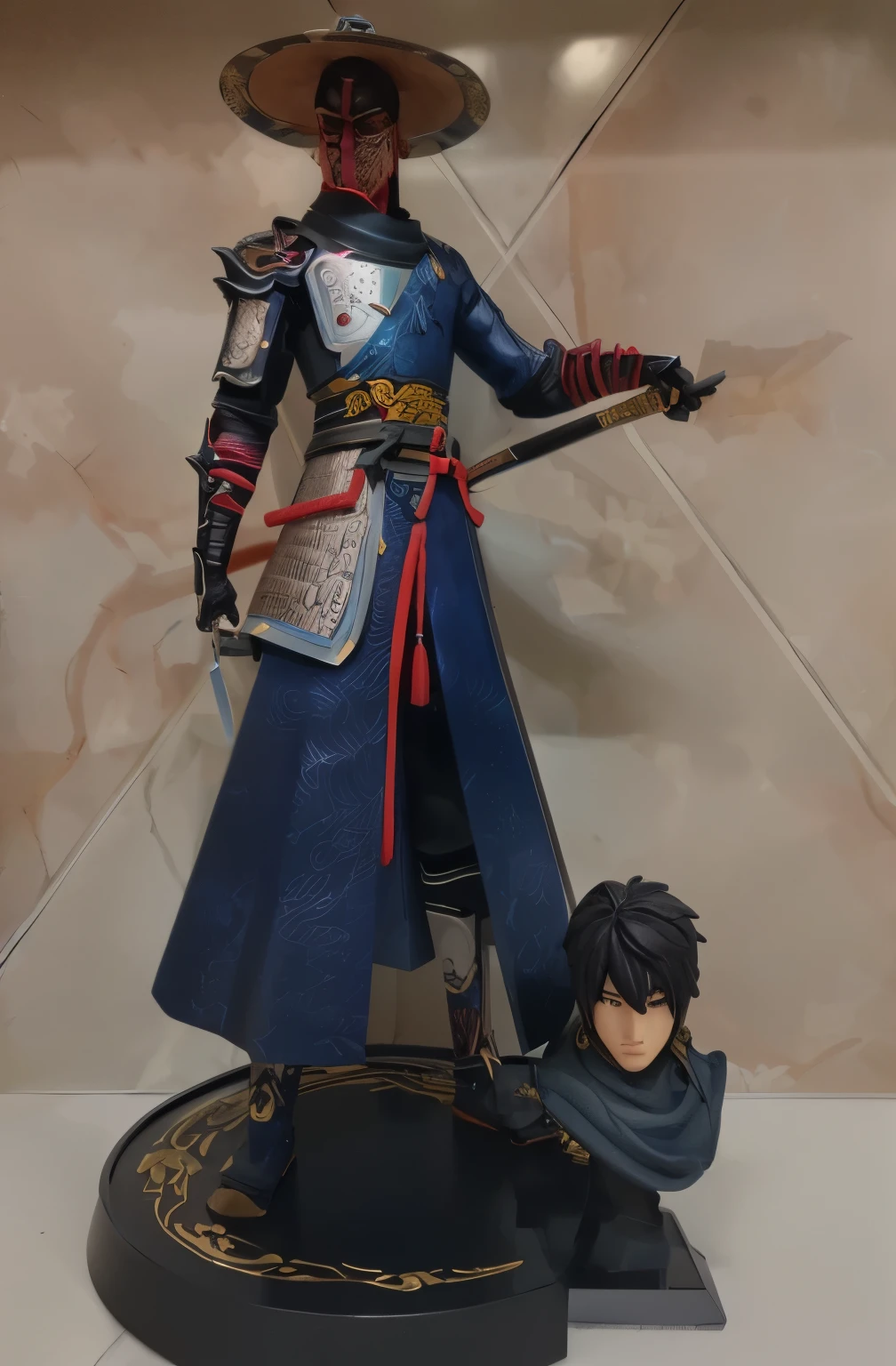 There is a statue of a man with a sword and a hat, masamune shiro, masamune, full body1 / 6 Erpingnu, ( Very detailed diagram ), Inspired by Kanebo, PVC statue, highly detailed whole body, Very detailed diagram, full-body wuxia, Shot with Canon 80D