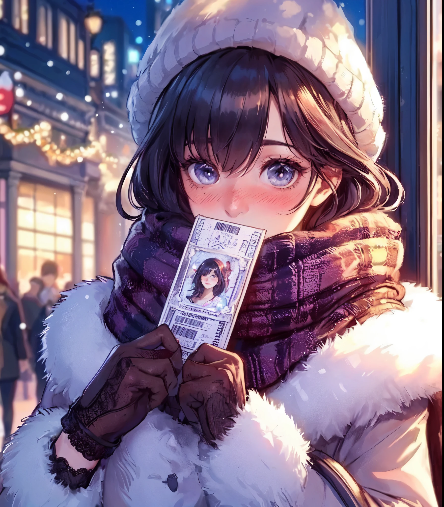 1lady solo, (holding an elegant ticket (in front of face:1.2)), (stylish outfit), mature female, /(black hair/) bangs, (nose blush) light smile (embarrassed:1.2) shy, (masterpiece best quality:1.2) delicate illustration ultra-detailed, large breasts BREAK (main street outdoors), Christmas illumination, crowded