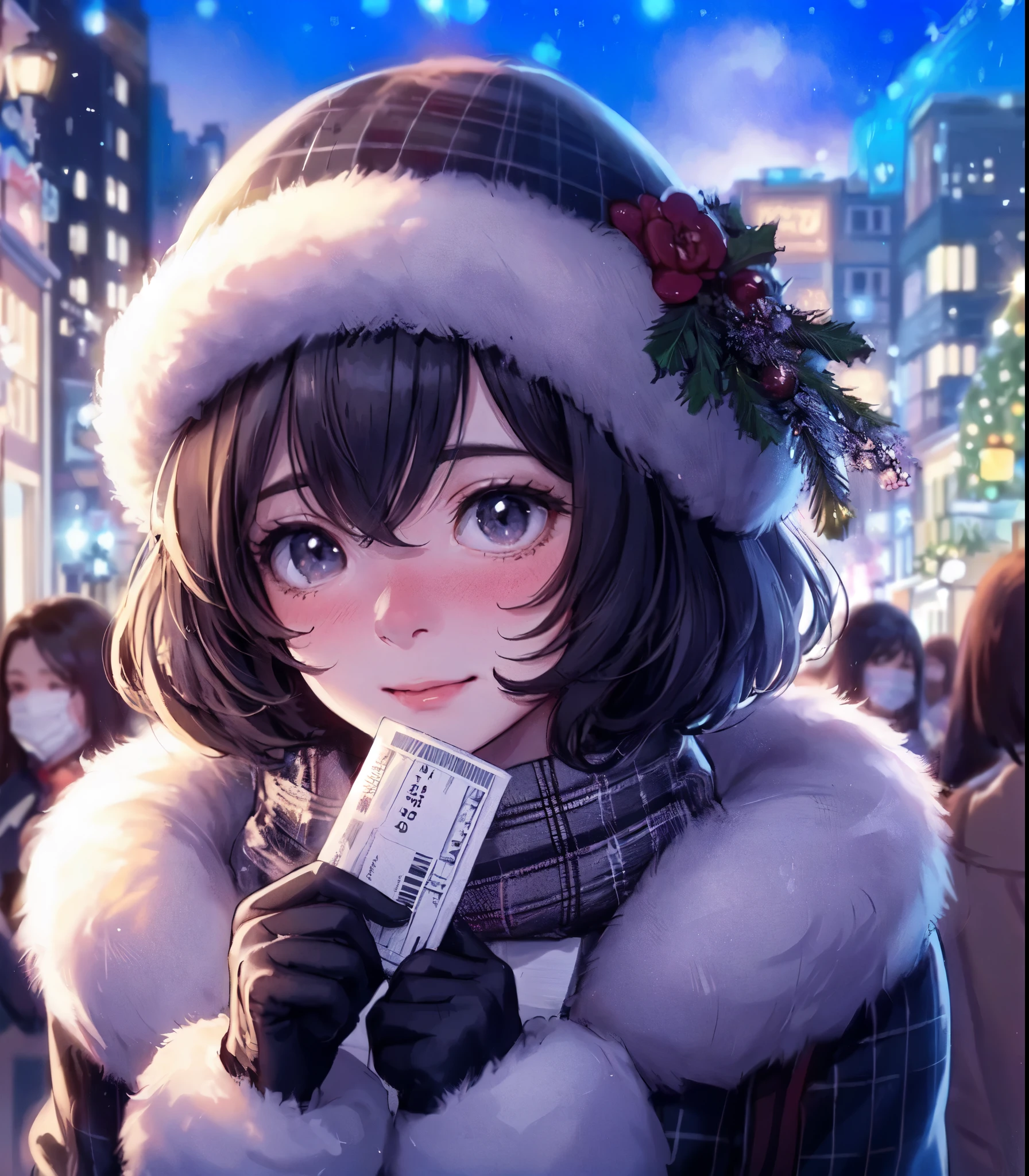 1lady solo, (holding an elegant ticket (in front of face:1.2)), (stylish outfit), mature female, /(black hair/) bangs, (nose blush) light smile (embarrassed:1.2) shy, (masterpiece best quality:1.2) delicate illustration ultra-detailed, large breasts BREAK (main street outdoors), Christmas illumination, crowded