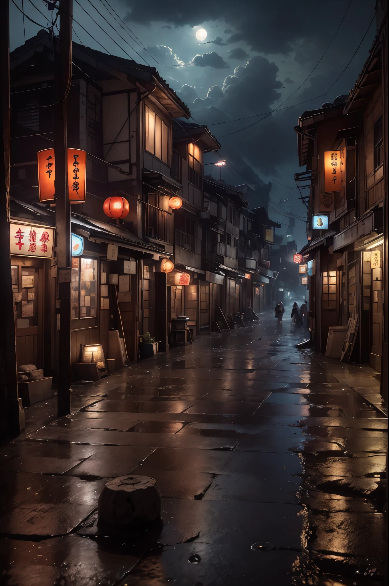 Feder village view，There are many lanterns on the building，Dream Chinatown，streetview，Corner store，very long street，stairways，China Village，Stunning wallpapers，Japanese mountain town，Japan Village，surreal photo of a small town，old asian village，(The sky in the distance is covered with dark clouds)，Japan city，Raymond Han，rainy evening, Cyberpunk ancient Chinese castle, well-lit building, Late afternoon，in the rain, Beautiful and beautiful, photography of, 电影灯光, 8K, high detal ((heavy rain poured)))，like a dream_A WORLD，