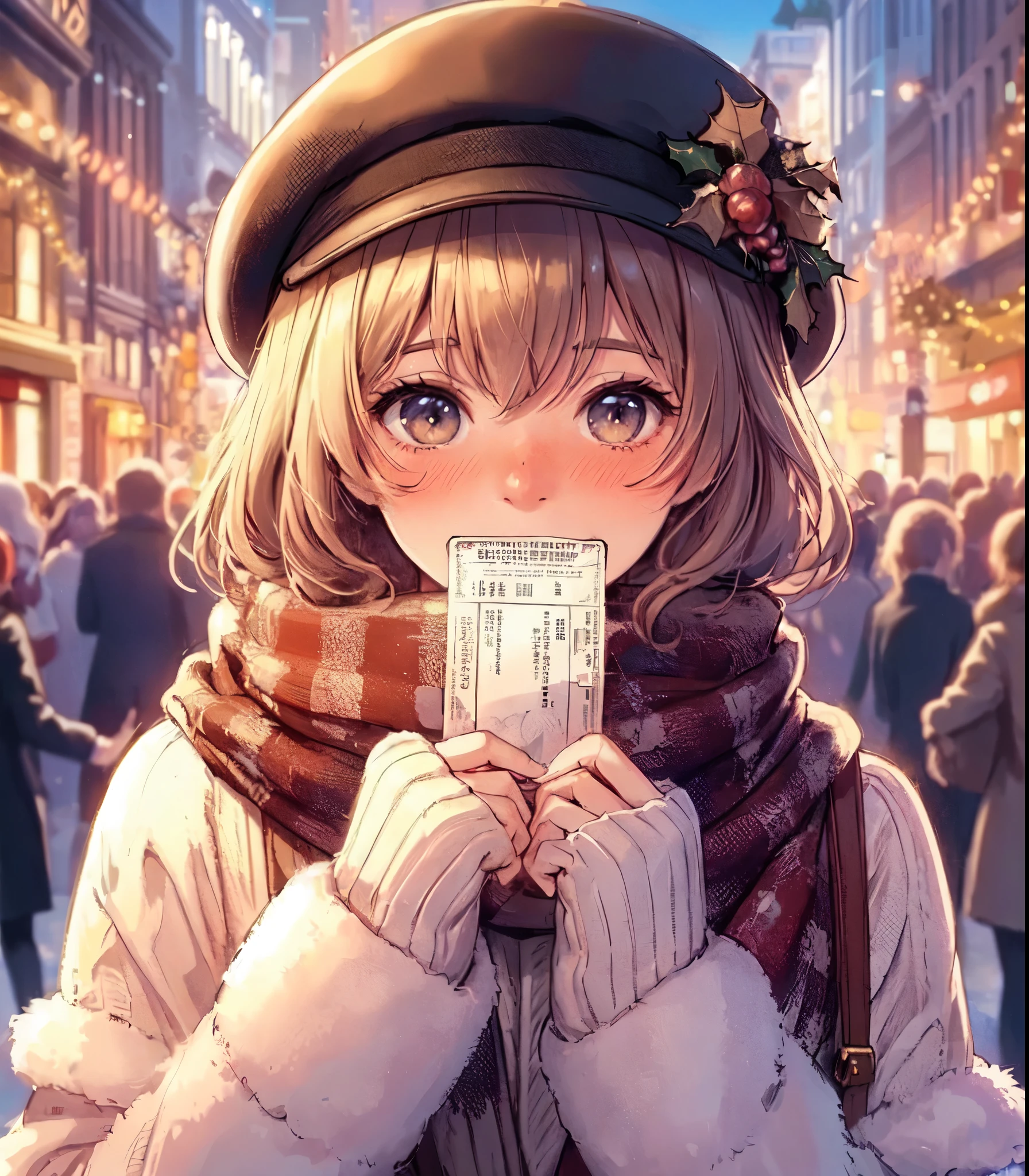 1lady solo, (holding an elegant ticket (in front of face:1.2)), (stylish outfit), mature female, /(light brown hair/) bangs, (nose blush) light smile (embarrassed:1.2) shy, (masterpiece best quality:1.2) delicate illustration ultra-detailed, large breasts BREAK (main street outdoors), Christmas illumination, crowded