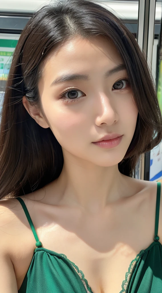Top image quality、masterpiece、Beautuful Women、japanes、25-years old、Full body、On the train、(masutepiece:1.3)、(8K、Photorealsitic、Raw photography、top-quality:1.4)、(girl with)、Beautiful expression、(Lifelike face)、(A dark-haired、Realistic eyes beautiful details、(real looking skin)、Emerald green bra、shiny_Hada、cleavage、absurderes、enticing、ultra res、A hyper-realistic、high detal、the golden ratio、Straight face、long、Loose perm、綺麗なjapanesの女性、(The whole body is reflected)