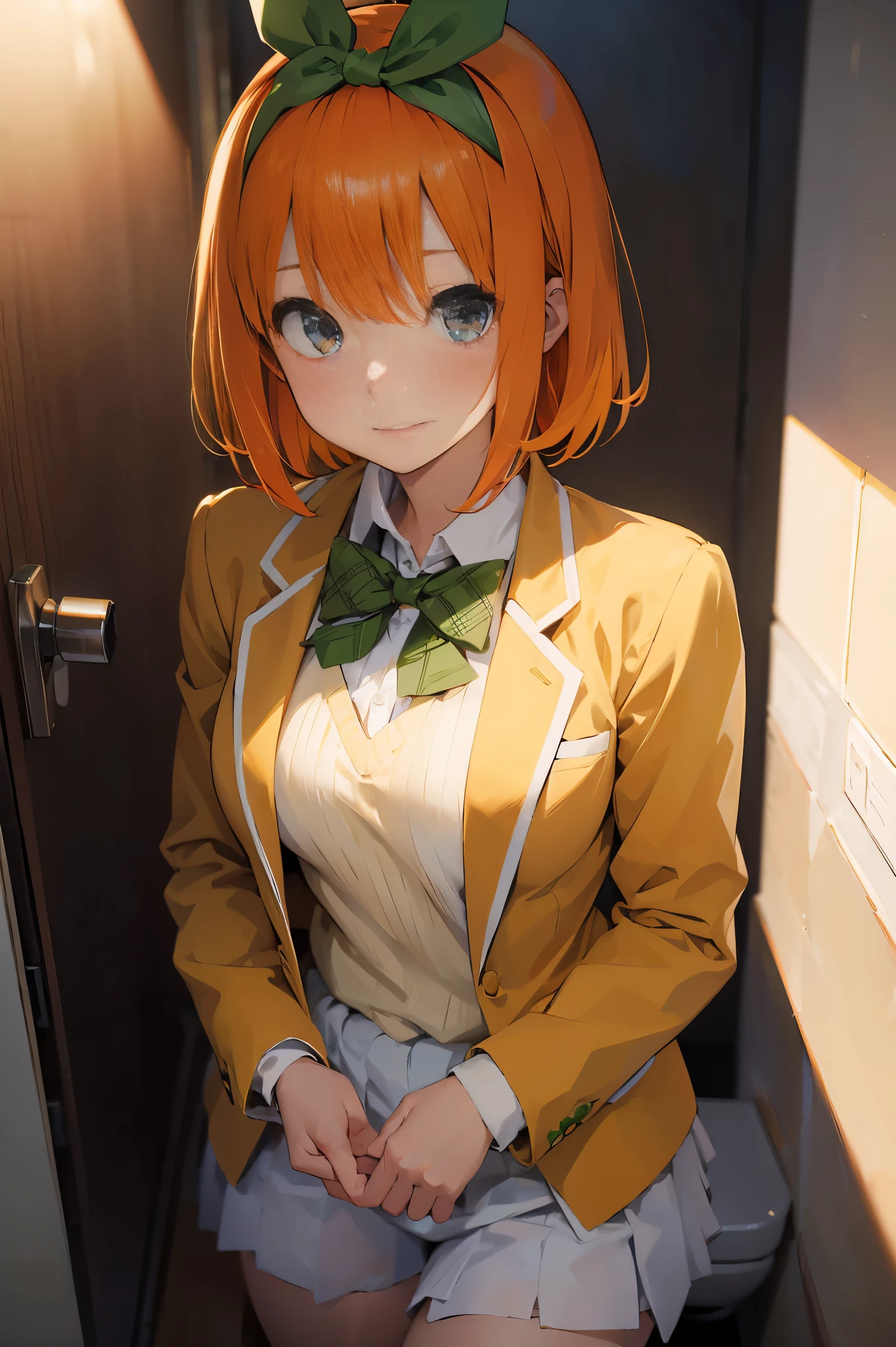 Nakano Yotsuba(The Bride of Fifths)、1girl, ​masterpiece、top-quality、NSFW, {{{pissing}}}、vagina, Orange pubic hair, {toilet room}、green hair bow, yellow sweater, black blazer,A slight smil、