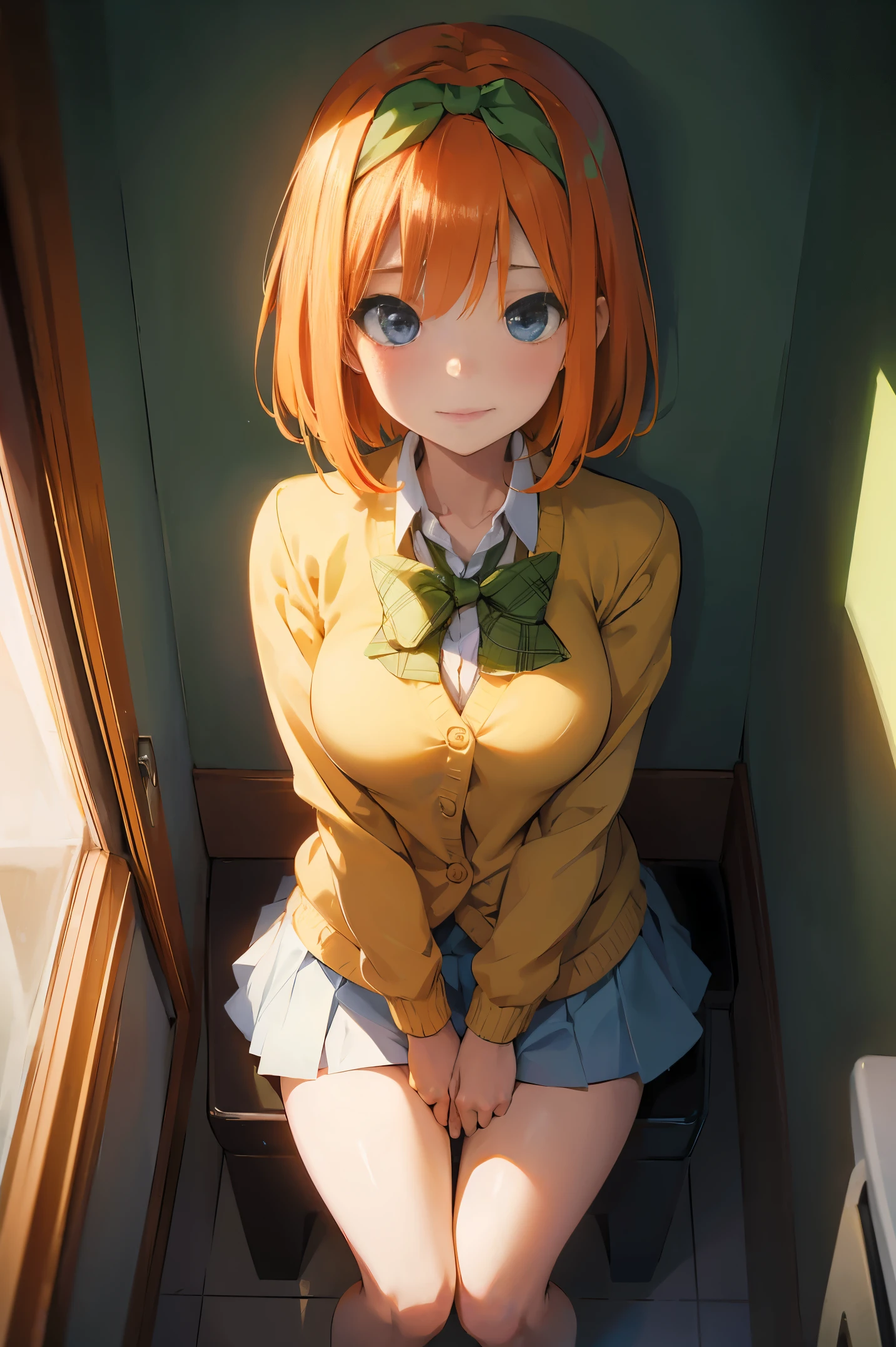 Nakano Yotsuba(The Bride of Fifths)、1girl, ​masterpiece、top-quality、NSFW, {{{pissing}}}、vagina, Orange pubic hair, {toilet room}、green hair bow, yellow sweater, black blazer,A slight smil、