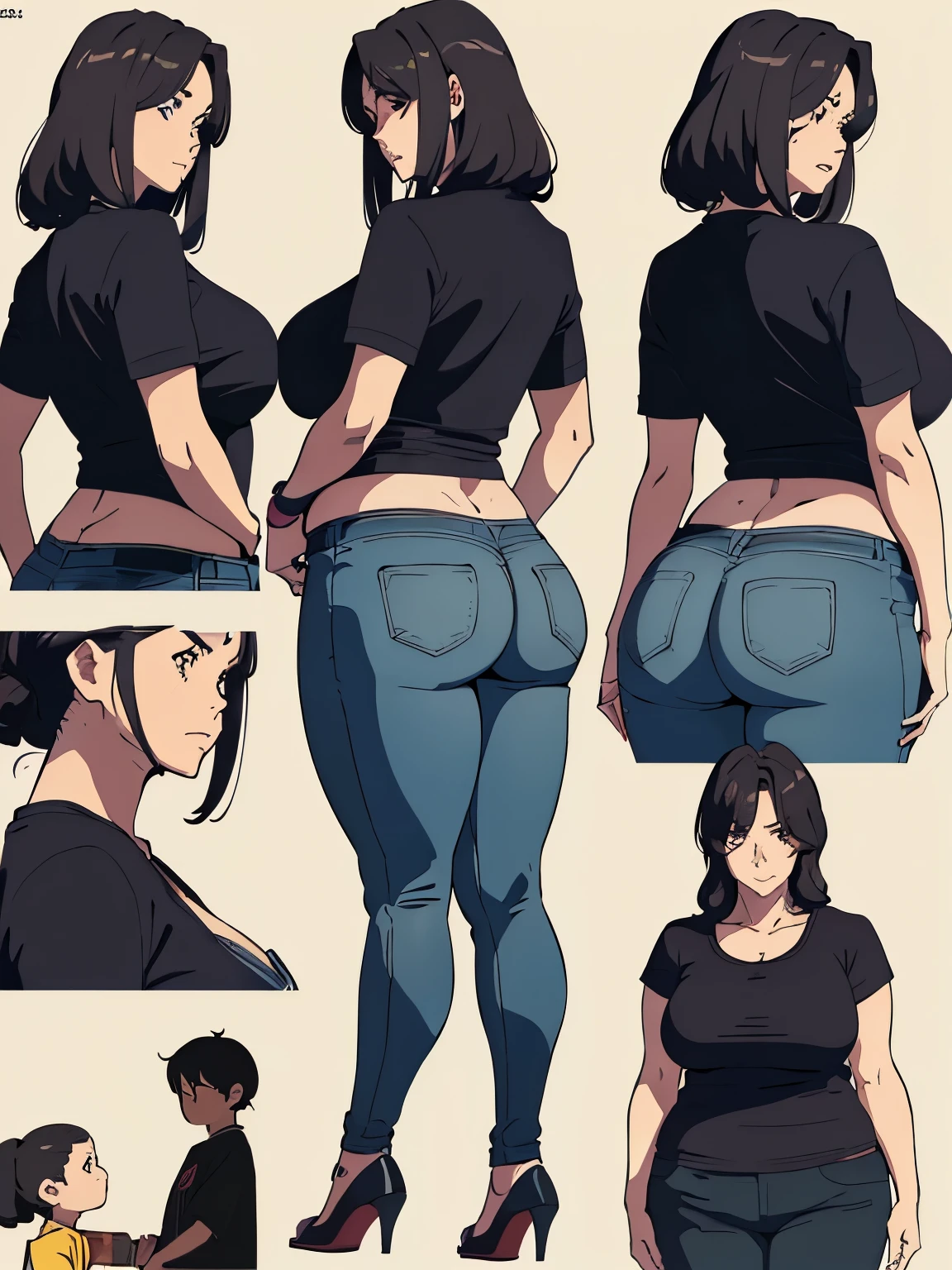 ((Best Quality,4K,8K,masutepiece)), 1woman, (CharacterDesignSheet:1.3, Same character, front, Side, Back,Various expressions) , (multiple views), (Anime style:1.3), (hyperdetailed body), (hyperdetailed Face), (Narrow eyes), (((tareme))), (((Mother:1.3))), (Mature Woman),(woman, 50 years old), (Large breasts:1.1), (Large buttocks:1.2), sagging breasts, droopy chest, Swaying breasts, bouncing breasts, Natural wrinkles, wrinkled Face, (Plump body:1.3), Chubby, Voluptuous, Dark hair, medium bob hair, Forehead, long Face, Night, Moody lighting, Japanese anime, hentai, (Dark background:1.3), (full body:1.3), T-shirt, skinny pants,
