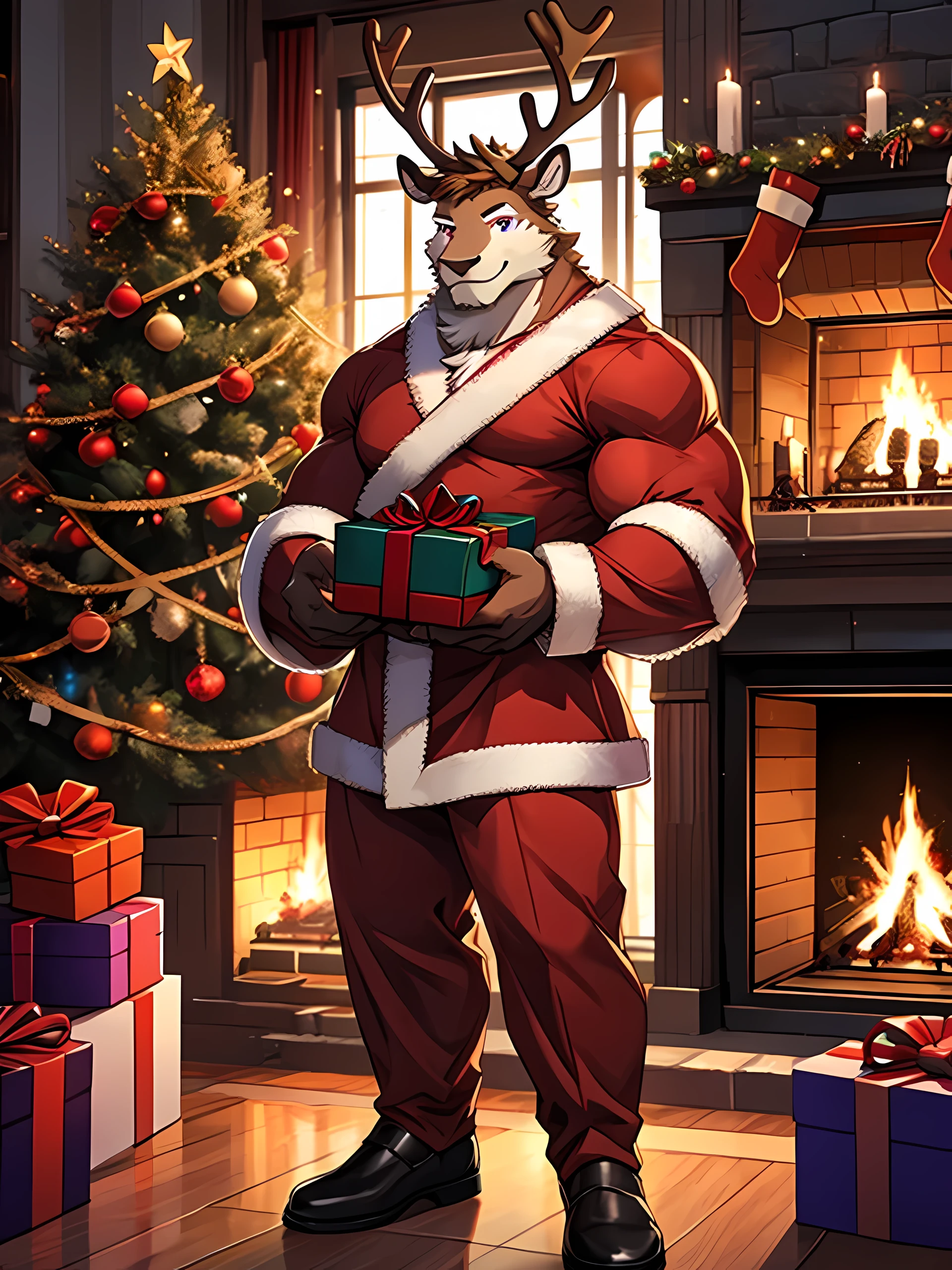 Solo,shota,reindeer,Purple eyes,Muscular,Wear a Santa Claus costume.,standing holding a gift box,Looking straight at the viewer,Behind it is a fireplace.,On the side there is a Christmas tree.,smile,((Maximum resolution,HDR,ray tracing,4K))