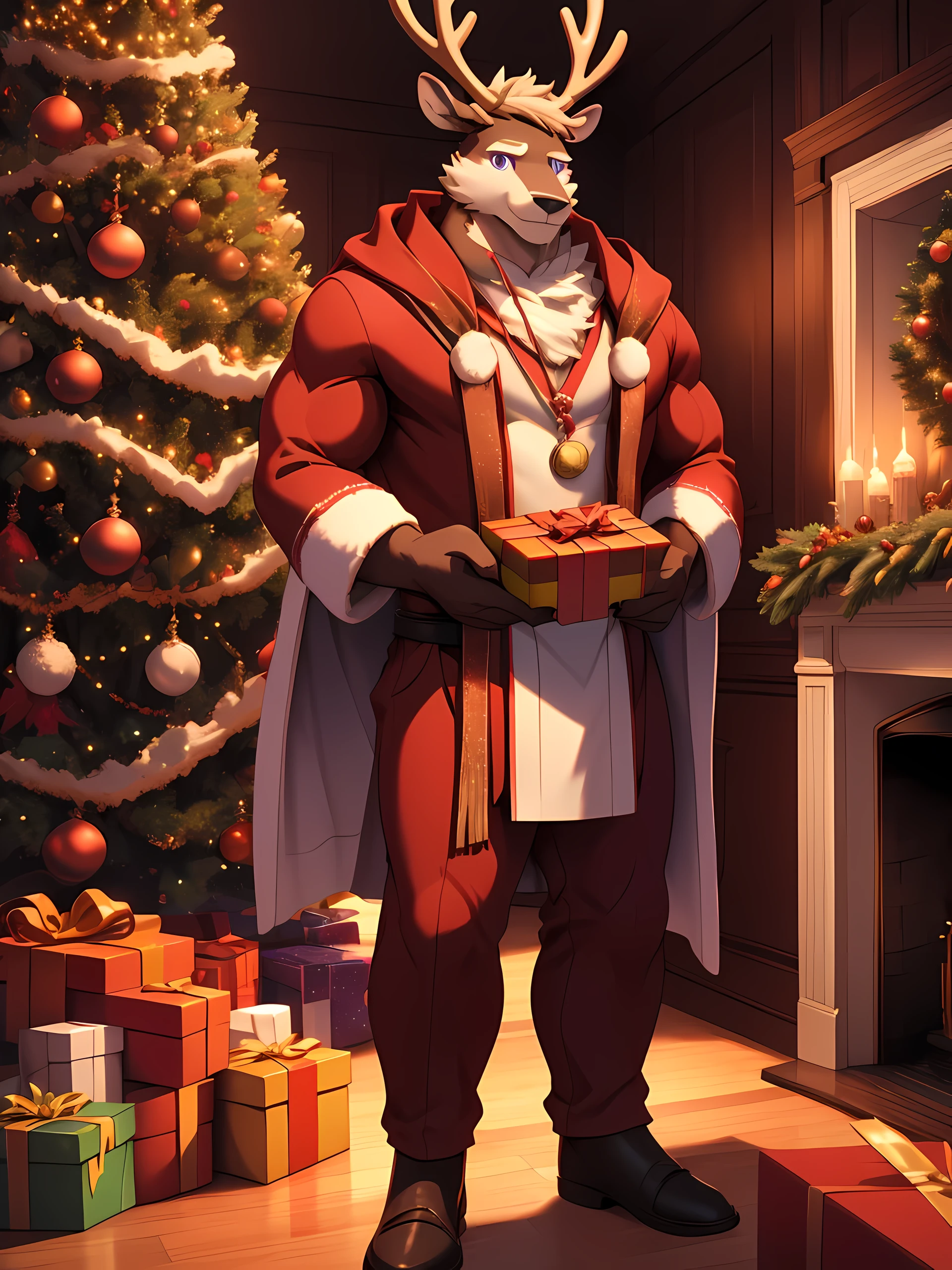 Solo,shota,reindeer,Purple eyes,Muscular,Wear a Santa Claus costume.,standing holding a gift box,Looking straight at the viewer,Behind it is a fireplace.,On the side there is a Christmas tree.,smile,((Maximum resolution,HDR,ray tracing,4K))