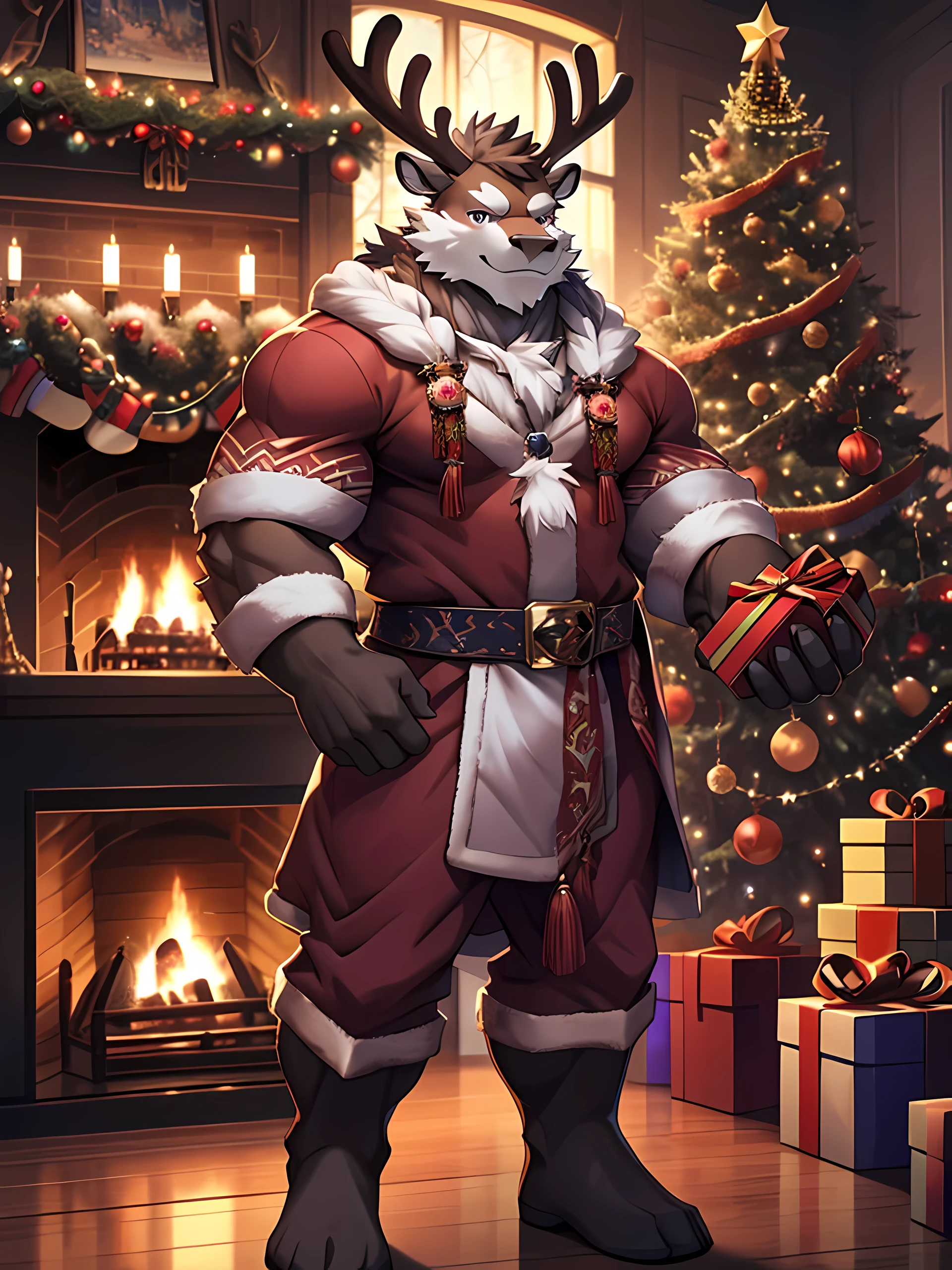 Solo,shota,reindeer,Purple eyes,Muscular,Wear a Santa Claus costume.,standing holding a gift box,Looking straight at the viewer,Behind it is a fireplace.,On the side there is a Christmas tree.,smile,((Maximum resolution,HDR,ray tracing,4K))