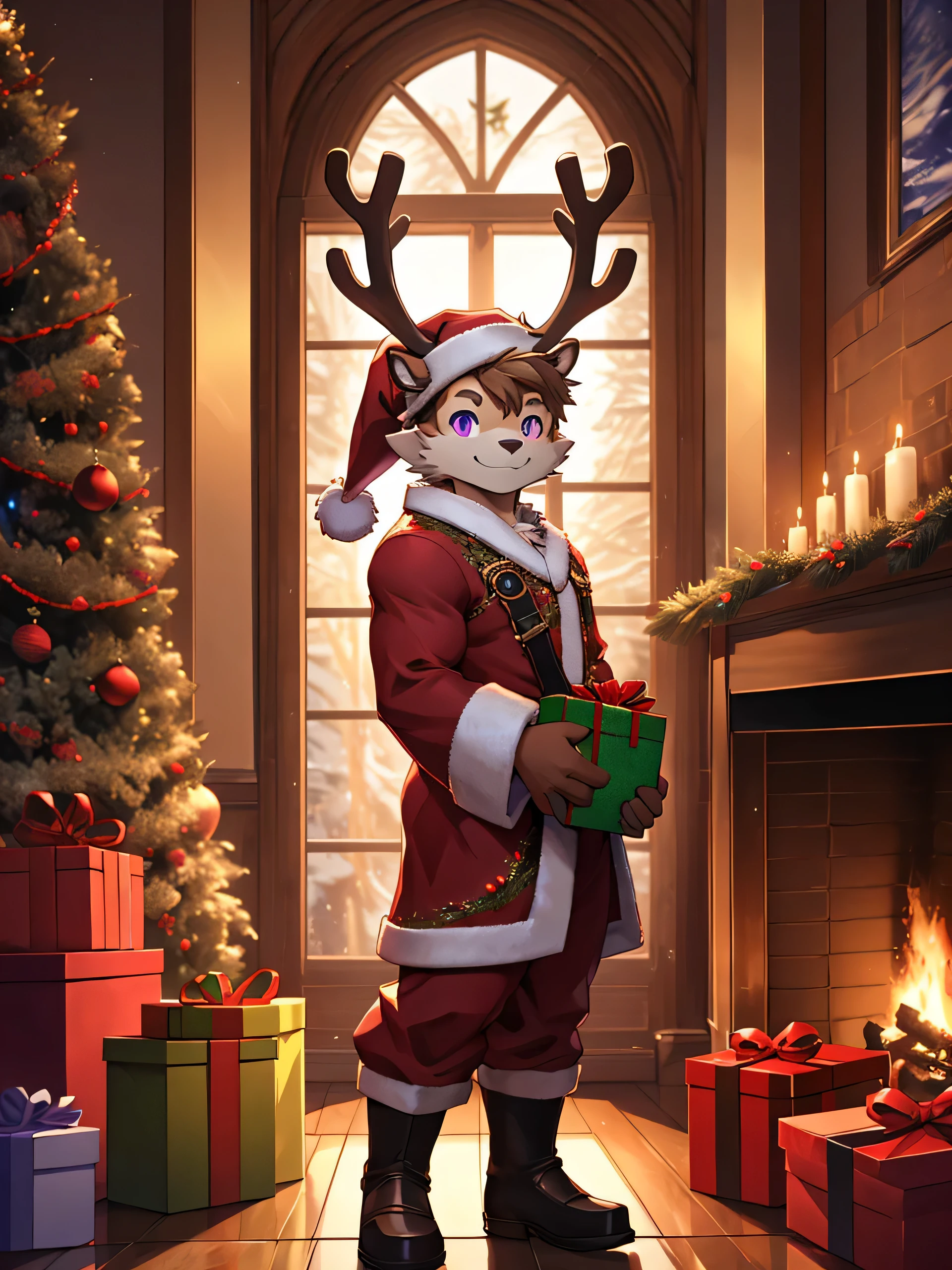 Solo,shota,reindeer,Purple eyes,Muscular,Wear a Santa Claus costume.,standing holding a gift box,Looking straight at the viewer,Behind it is a fireplace.,On the side there is a Christmas tree.,smile,((Maximum resolution,HDR,ray tracing,4K))