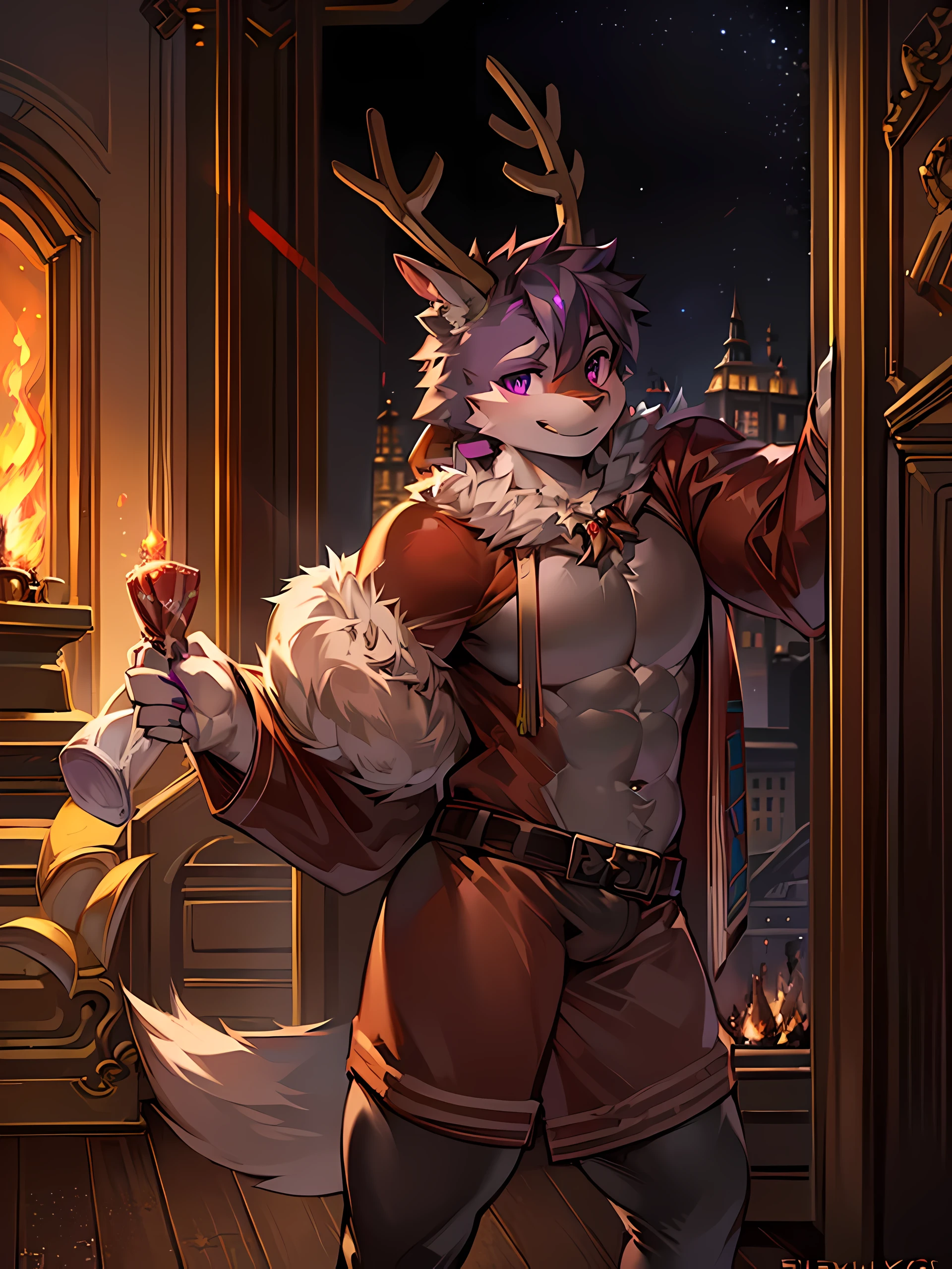 Solo,shota,reindeer,Purple eyes,Muscular,Wear a Santa Claus costume.,standing holding a gift box,Looking straight at the viewer,Behind it is a fireplace.,On the side there is a Christmas tree.,smile,((Maximum resolution,HDR,ray tracing,4K))