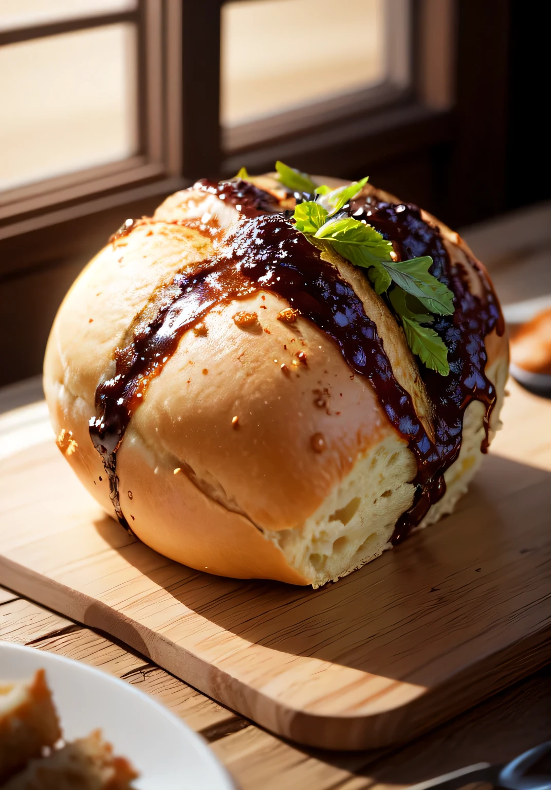（A slice of bread）（Have good natural light）（ (There is a window in the background），high tea（Depth of field effect））（There is a set of cutlery on the table）（and a drink）Best quality，A high-resolution masterpiece，Highqualityshadow，actual
