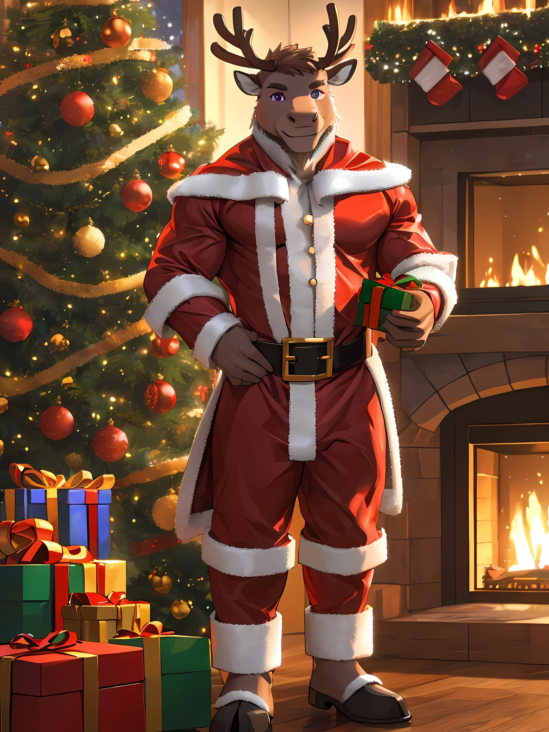 Solo,shota,reindeer,Purple eyes,Muscular,Wear a Santa Claus costume.,standing holding a gift box,Looking straight at the viewer,Behind it is a fireplace.,On the side there is a Christmas tree.,smile,((Maximum resolution,HDR,ray tracing,4K))