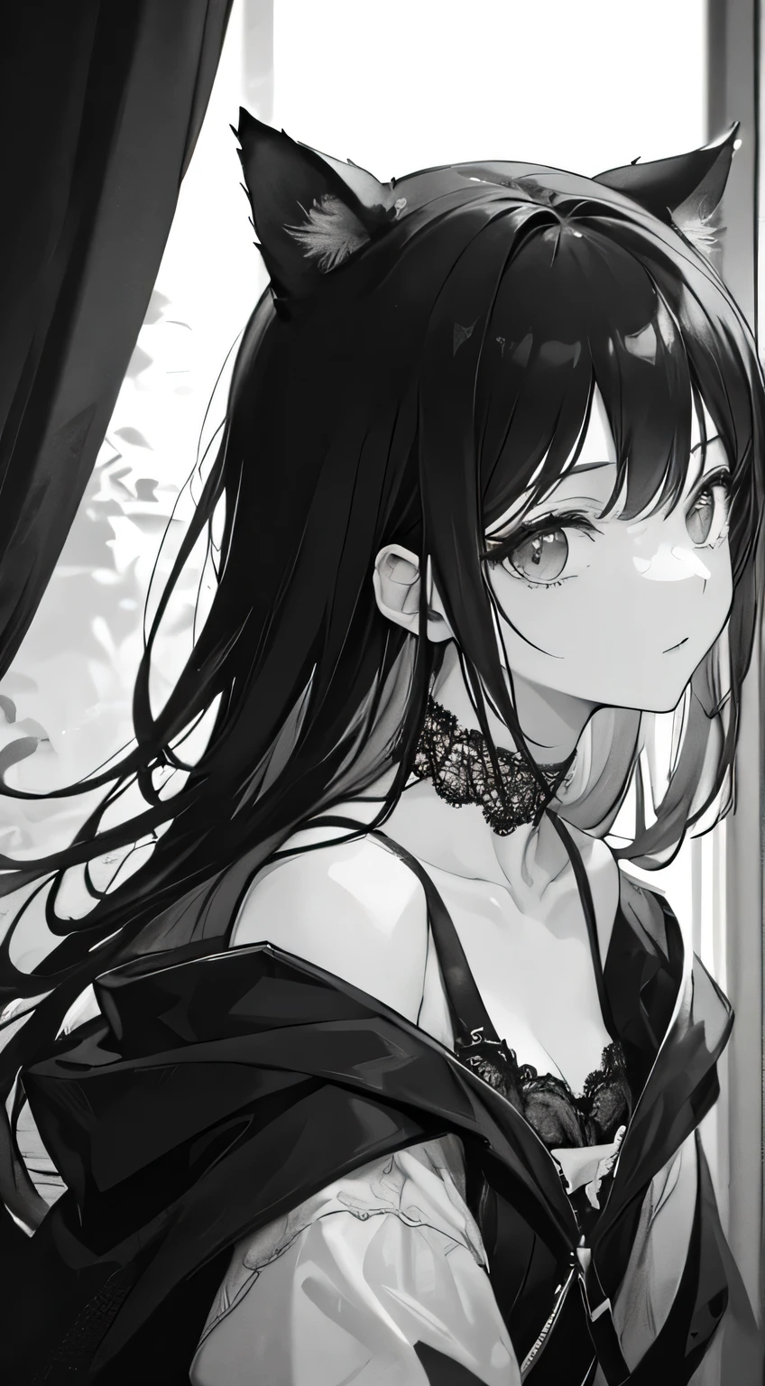 tmasterpiece、quality、A high resolution、Alta Qualification Image、8K、1人の女性、the detail、Detailed eye depiction、gloss on the skin、with lustrous dark hair、Monochrome grayscale、lissa、Potrat、a wolf king