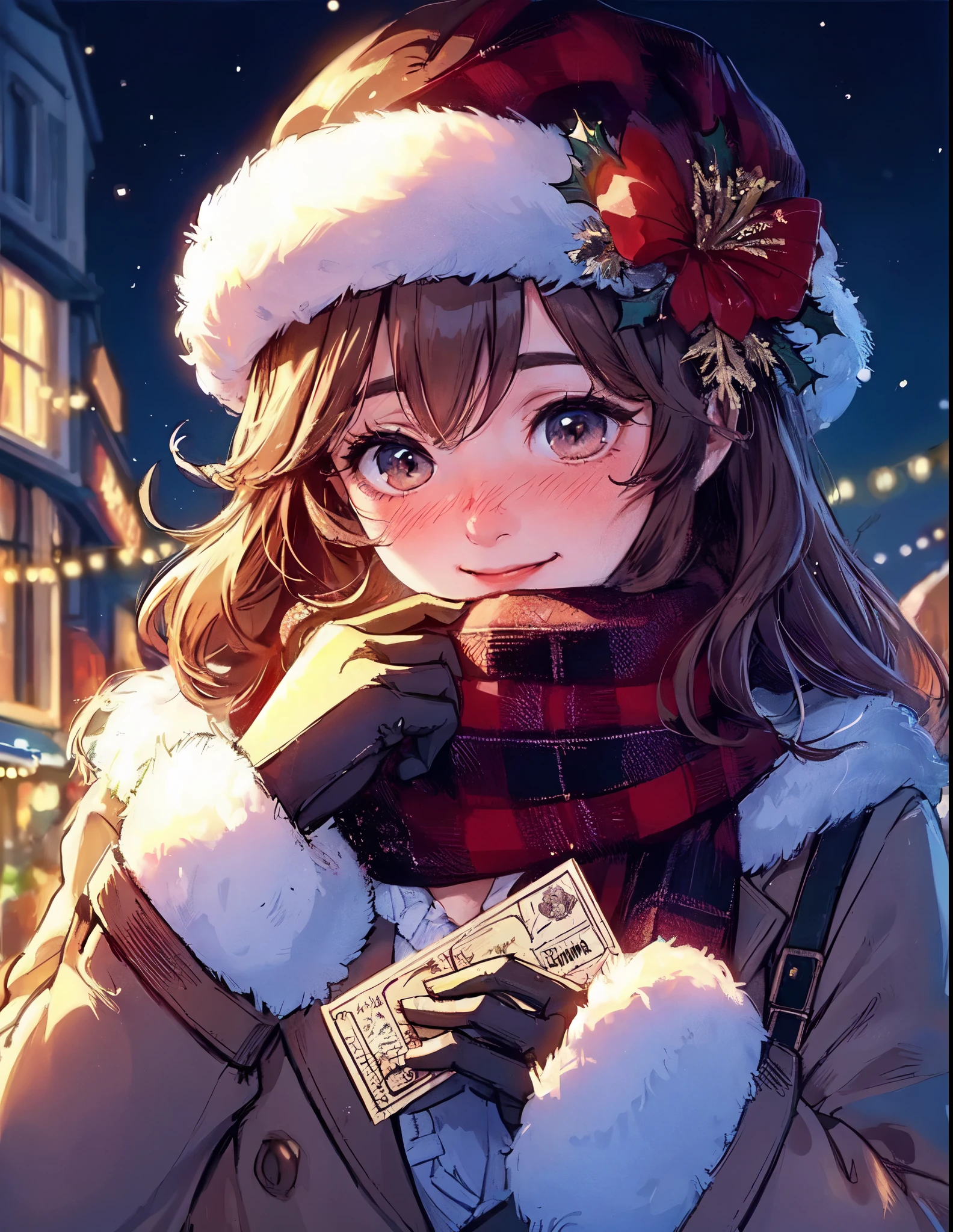 1lady solo, (holding an elegant ticket (in front of face:1.2)), (stylish outfit), mature female, /(light brown hair/) bangs, (nose blush) light smile (embarrassed:1.2) shy, (masterpiece best quality:1.2) delicate illustration ultra-detailed, large breasts BREAK (main street outdoors), Christmas illumination, crowded