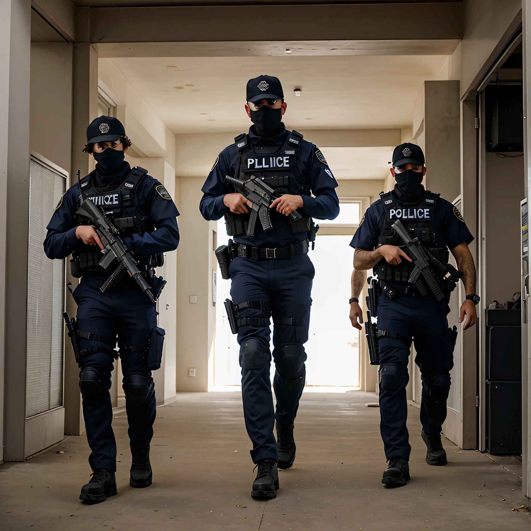 realistic representation of a man in black uniform, walking towards the entrance of a house tactically, armed with a BENELLI M1 SUPER90, Mechanized police infantry, kawaii Golpe repentino team, Seguridad de las Fuerzas Especiales, military police, Golpe repentino, Escudos antidisturbios, <grupo Swat, estado policial, tactical armor, dressed in tactical armor, tactical squad :9, police officers, tactical squads :19, mirada tensa, tactical, Uniforme blindado ?????, black Golpe repentino vest