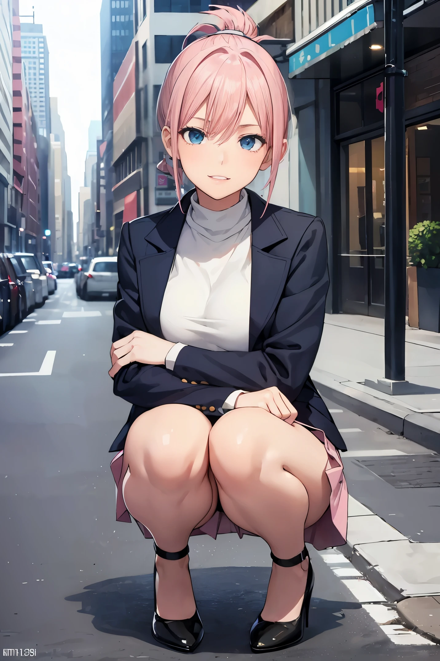 masterpiece:1.2, best quality, ((ultra detailed)), high resolution, 2d, anime style , photo, photography, detailed background, ((pink hair,medium hair,low ponytail,medium breasts)),
BREAK
solo,(droopy eyes:1.3),20 years old, (,tall face, tall female)), ((blue eyes;1.2 )),smile,
BREAK
NewYork,street,skirt,jacket, squatting with knees close together,high heels,