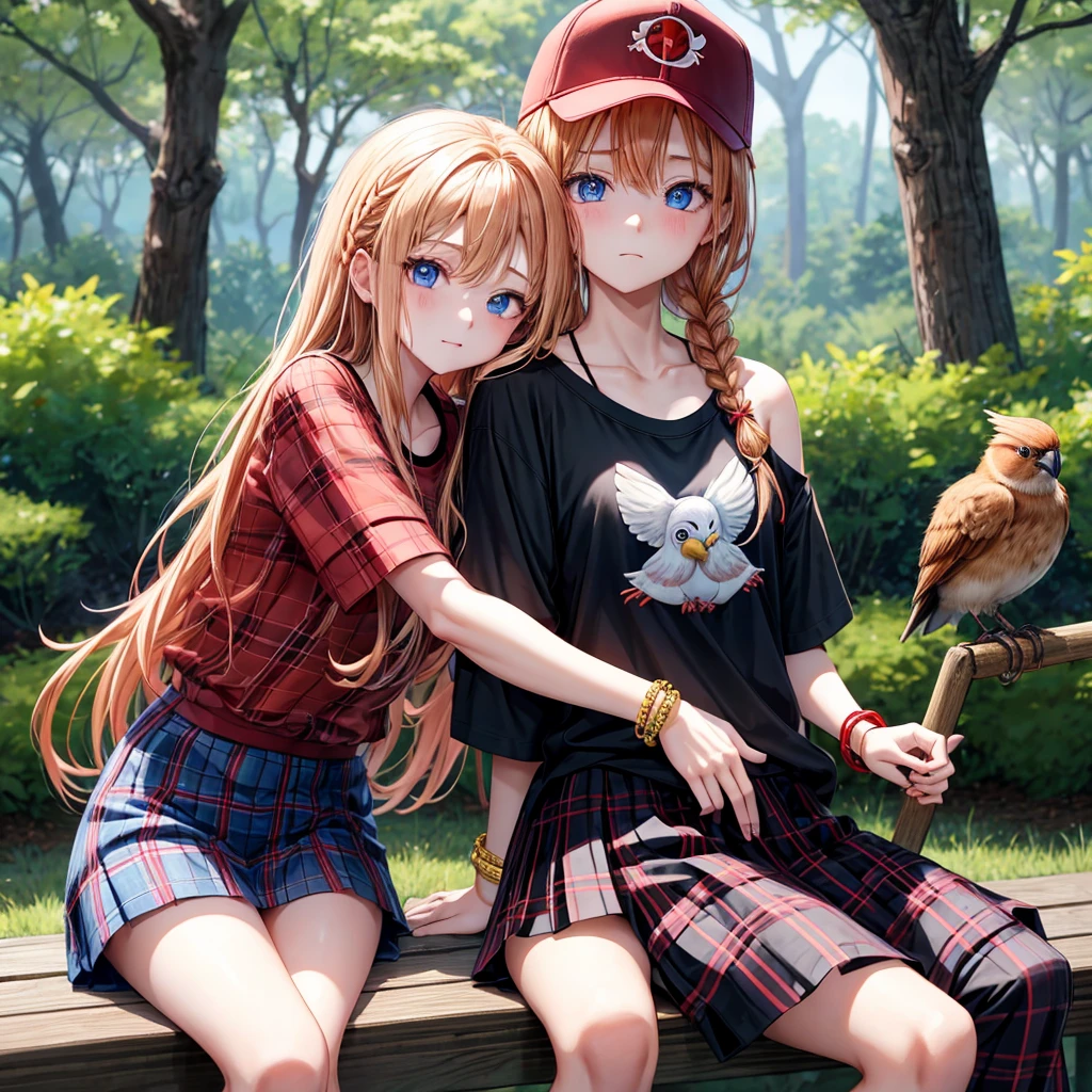 red blonde、blue eyess、Braids、one good looking girl、独奏、animesque、Plaid miniskirt、Black T-shirt、camisole、the woods、Sunlight、sitting on、Wearing a plaid baseball cap、bare-legged、small bracelet、Tilting your face、A small bird is riding on his shoulder