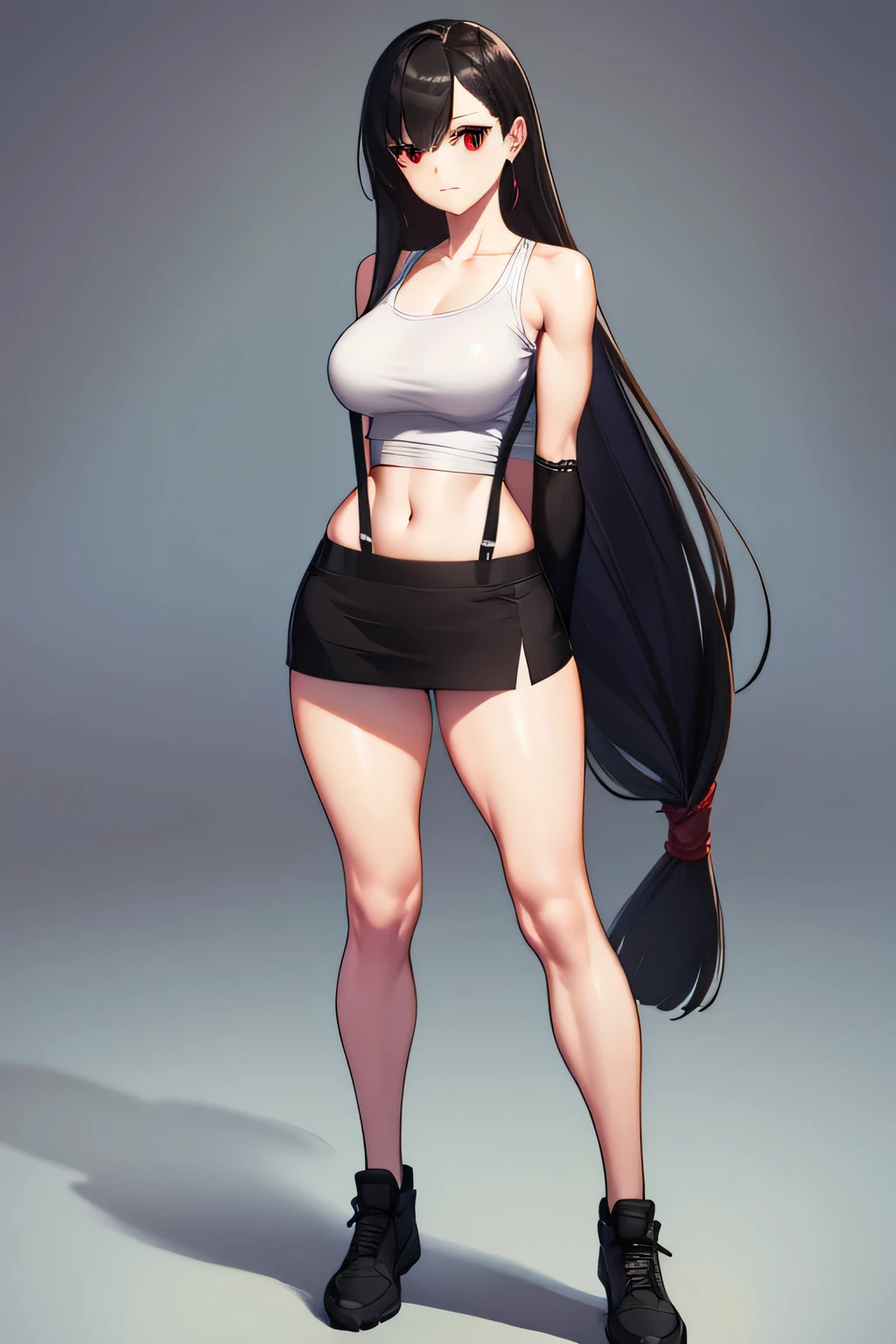 Tifa Lockhart, Tifa Lockhart, Black hair, Long hair, (low-tied long hair:1.5), (Red Eyes:1.5), swept bangs, single sidelock,
Break Arm Guard, Bare shoulders, Black skirt, Black Sports Bra, 黒いthighs thighs thighs thighs, 鎖骨, croptop, earrings, Jewelry, Midriff, Navel, Single earring, Skirt, Sports Bra, Suspender Skirt, suspenders, Tank top, Teardrop Earrings, thighs thighs thighs thighs, (White tank top:1.5), zettai ryouiki,
BREAK looking at viewer, Full body,
BREAK outdoors,
BREAK (masutepiece:1.2), Best Quality, High resolution, Unity 8k壁纸, (Illustration:0.8), (Beautiful detailed eyes:1.6), extra detailed face, Perfect Lighting, extremely details CG, (Perfect hands, Perfect Anatomy),
