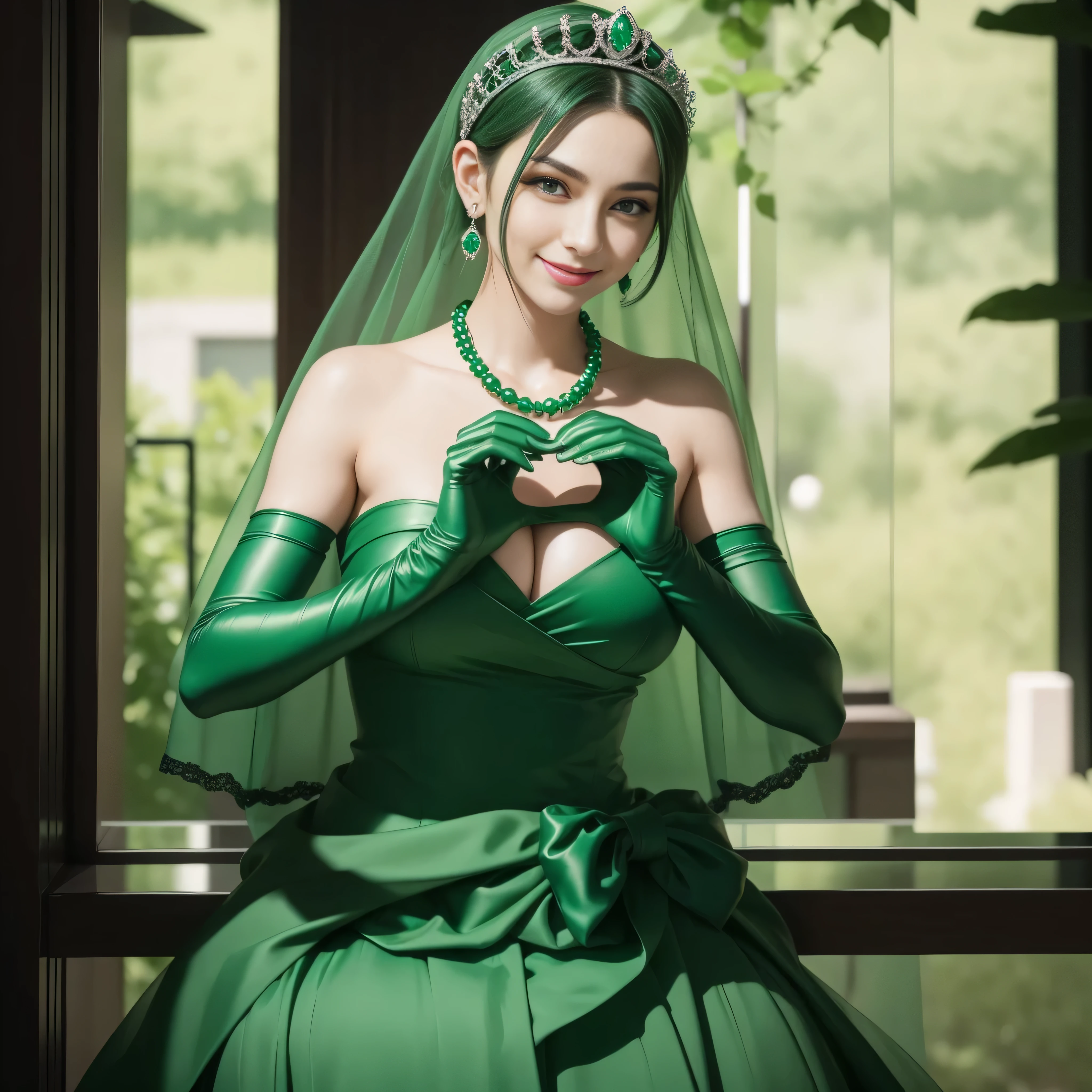 emerald tiara, Green Pearl Necklace, Boyish very short green hair, lipsticks, Japan woman smiling, very short short hair,  big breasts beautiful, Green eyes, Long green gloves made of satin material, Green eyes, Emerald Earrings, green vale, Heart with both hands