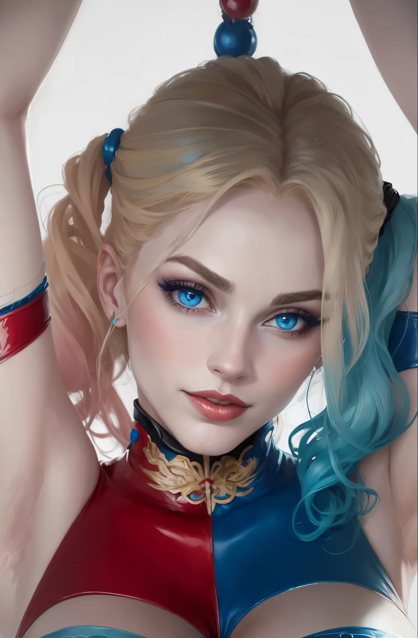 Close-up of a woman dressed in blue and red, extremely detailed Art germ, portrait of Harley Quinn, Most models | Art germ, of Harley Quinn, Art germ. high detal, trending Art germ, Harley Quinn, ! dream Art germ, drawn in the style of Art germ, [ 4K digital art ]!!，(a woman with) beautiful detailed blue eyes, golden hair, in a glamorous pose, (showcasing) the artistic embryo (of a masterpiece), (with) high-resolution details, (capturing) the essence of Art Nouveau, (in a) portrait (created by a skilled) graphic artist, (with) intricate (and) delicate (features), (embodying) the beauty of the artistic embryo, (crafted) in the highest quality (with) 4K resolution, (exuding a) style (that is) reminiscent of the Art Nouveau movement.Clown Girl