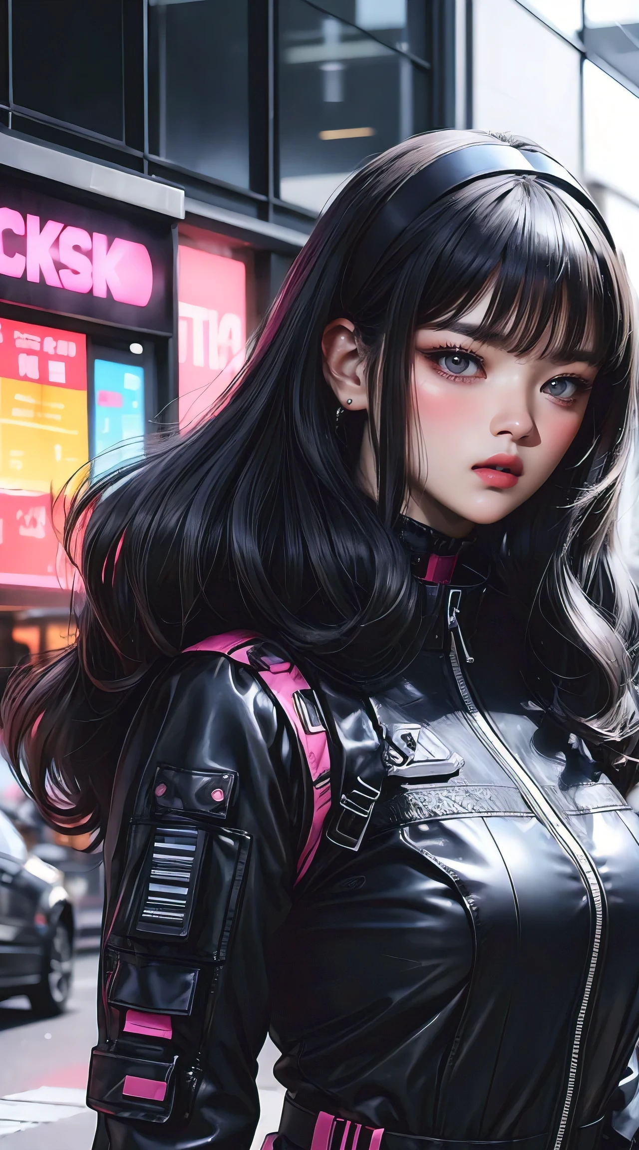 (masterpiece, best quality), futuristic, steelpunk, pastel goth, intricate tactical techwear, neon accents, fashionable, stylish, perfect slim fit body, big breasts, asymmetrical bangs, wavy hair, hairband, choker, bracelet, city streets, standing pose, contrapposto, dynamic lighting