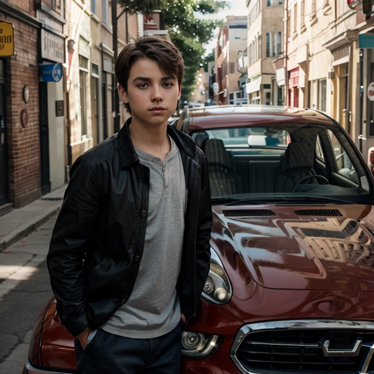 A boy with a car drink red vine Street futuri tic background realists