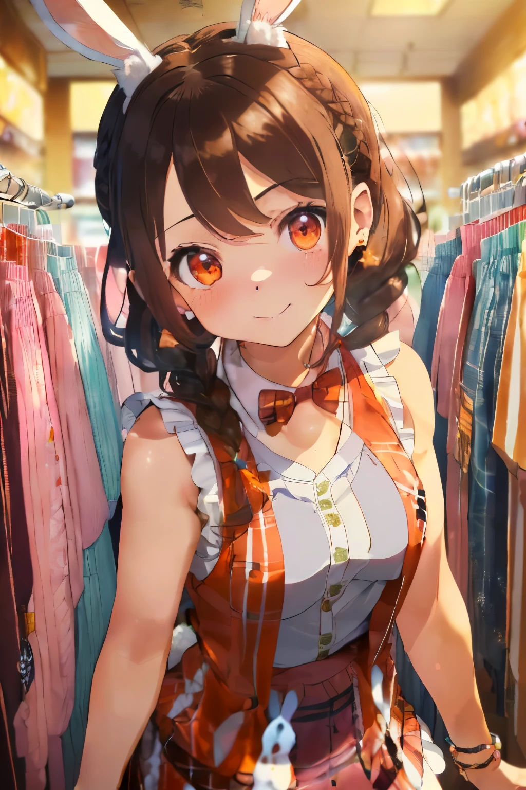 (Brown hair:1.3),(Braided shorthair:1.3),(With bangs),(Brown eyes:1.3),(Eye size:1.6),(My eyes are shining like stars:1.25),(plaid hair band:1.4),(Ivory colored dress:1.4),(One piece is sleeveless:1.5),(Sheer black puff sleeve innerwear:1.35),(long-sleeve:1.2),(pleatedskirt:1.3),(switching color:1.5),(Apparel clerk),(Stylish and cute clothing store:1.45),Slight red tide,Cute smile,(close up of face:1.45),(Working in customer service),(Inside the clothing store, there are pinks, reds, whites, oranges, greens, and blues.:1.3),(Usamimi:1.5),(Rabbit tail:1.5),