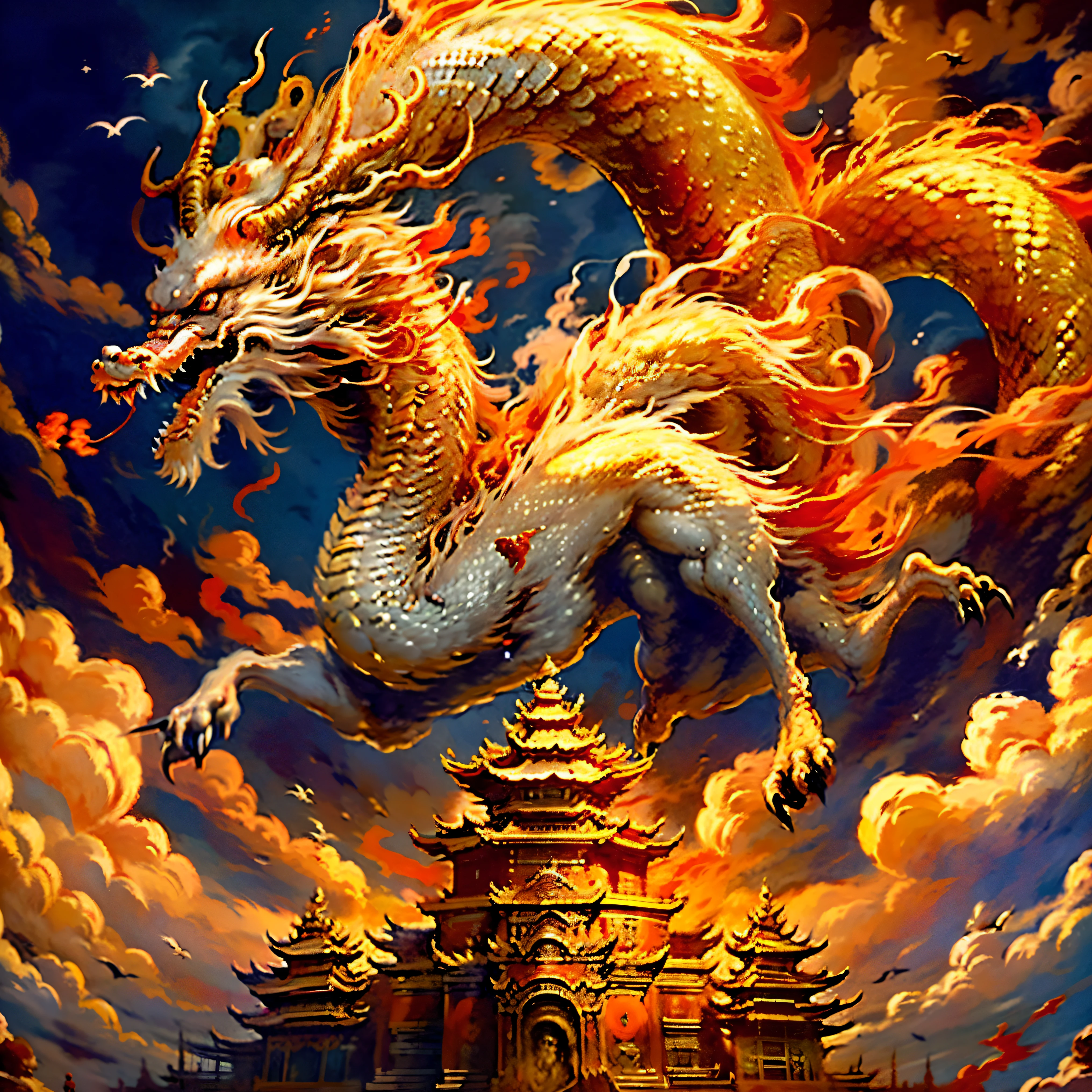 Best quality,masterpiece,ultra high res,nu no humans, (long:1.2),no humans, cloud,east asian architecture, red eyes, horns, open mouth, sky, fangs, eastern dragon, cloudy sky, teeth, flying, fire, bird, wings