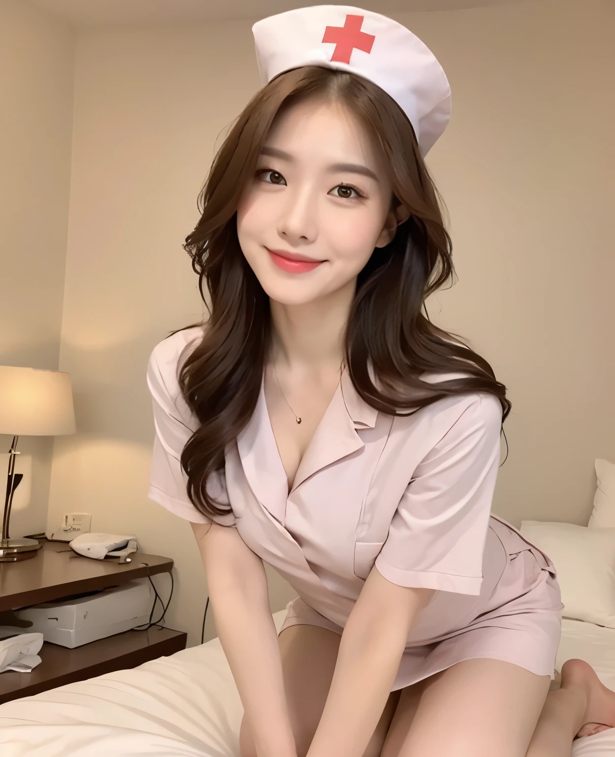 (Masterpiece, best resolution: 1.2), (brown eyes), seduction, smile, long brown hair, small breast, high-definition facial features, 8K, double eyelids, delicate facial feature, ((bedroom)), (((nurse uniform ))), ((kneeling on the bed)), ((full body1.5)), ((wearing a nurse cap))