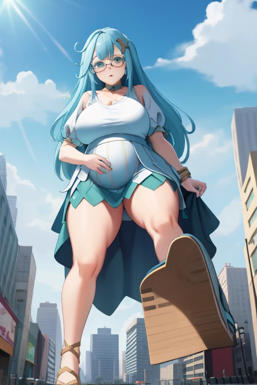 Giant maiden，Moe two-dimensional style，Pregnancy status，Round belly, Huge breasts, Thick thighs, Thicc，Gaze at the bustling city, Lying down, Glasses, Thight dress, Full body