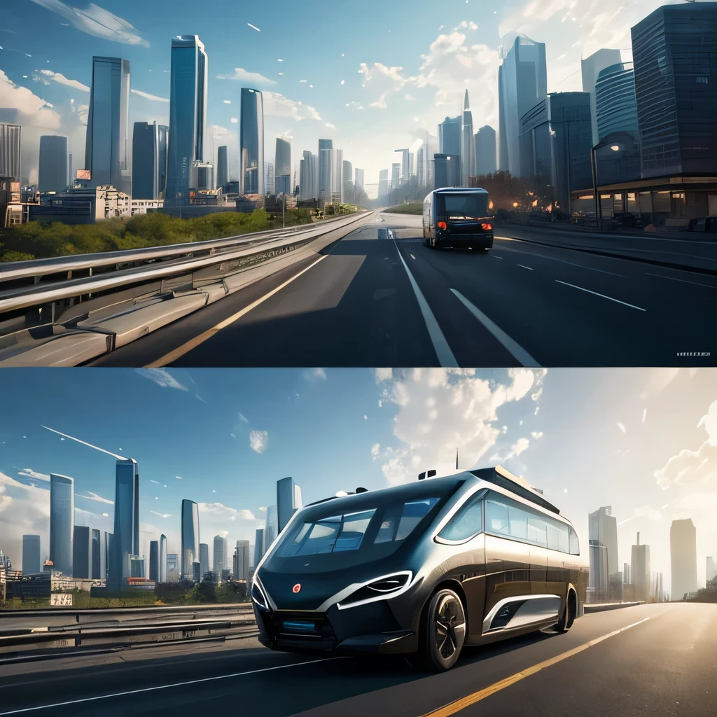 A bus，multilayer body，Large windows，The cities of the future, the year 2089，Highly realistic concept art, Very futuristic, transportation design render, Vehicle design trends,,Huang Li, surreal concept art, Majestic and futuristic