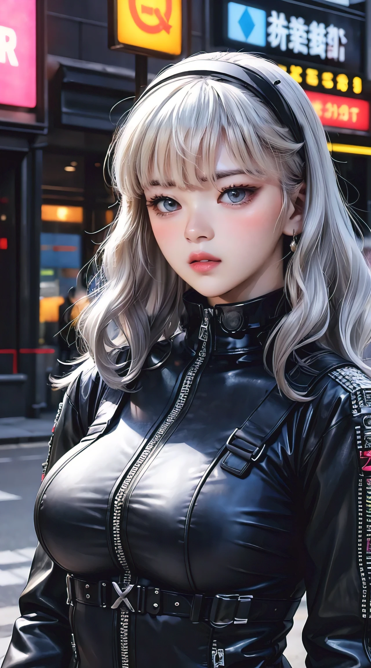 (masterpiece, best quality), futuristic, steelpunk, pastel goth, intricate tactical techwear, neon accents, fashionable, stylish, perfect slim fit body, big breasts, asymmetrical bangs, wavy hair, hairband, choker, bracelet, city streets, standing pose, contrapposto, dynamic lighting