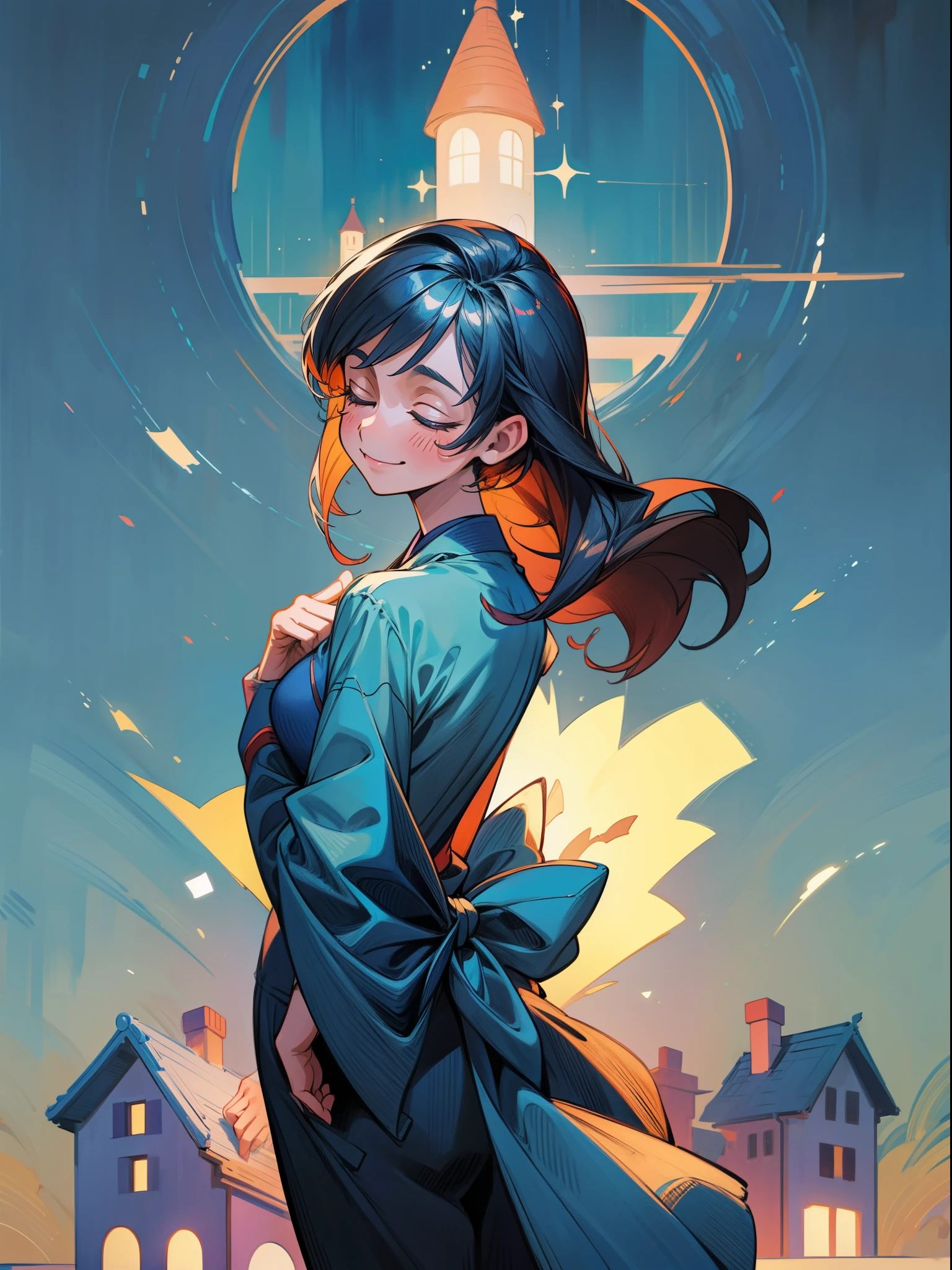 masterpiece, high quality, illustration, your name movie style, one woman, home, house, suit, undressing, back, closing eyes, smiling, close up