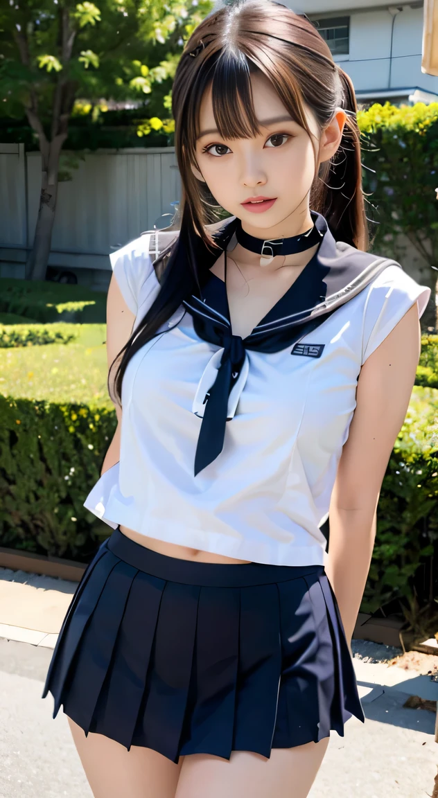 (tied arms:1.5、arms behind back、brown Rope、Bound Legs:1.5)、(is standing、Bend forward、thrust out one's hip、Hanging hips and back、Open your crotch、Opening legs)、hight resolution、top-quality、illustratio、ultra-detailliert、(A detailed face)、(A detailed eye)、top-quality、ultra-detailliert、masterpiece、looking at the viewers、open open mouth、((1girl in、独奏、No ears))、Semi-long hair、poneyTail、brown haired、garden、学校のgarden、blue-sky、(((fullnude)))、Tears、droolng、Ahegao、Puzzled、tremble for、obedience、animal collar、耳Nipple Ring、be sweaty、Short sailor suit, Summer cross nini pleated skirt、Best Quality, Highly detailed, skirt rift,