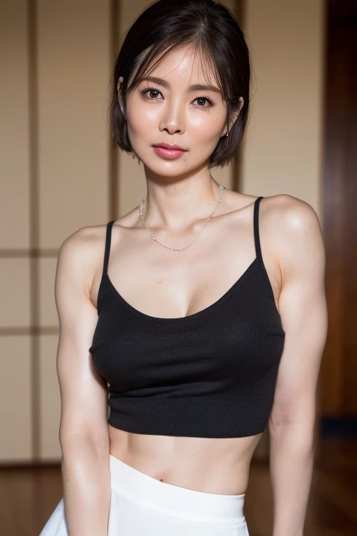 Best Quality, hight resolution, Hires, Skin definition, Detailed skin, Detailed eyes, Detailed face, 4K, 日本人A MILF, ((独奏)), (((55 years old))), (Wrinkles at the corners of the eyes:1.6), (nasolabial folds:1.3), A MILF, glamor, A sexy, Chromo-white skin, ((Shorthair)), Looking at Viewer,(((my skin is old))), ((muscles are old)), (((A slender))), ((Saggy udder)), (Saggy buttocks), ((Japanese Models)), 4K, (photoRealistic:1.5), Realistic, nffsw, Beautiful, Bimbo, Perfect makeup, small diamond necklace, piercings, ((loose tank top, tight skirts )), ssmile, Public places,