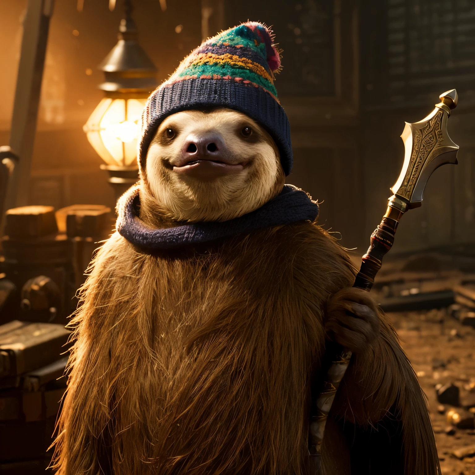 Sloth in a New Year&#39;s hat with a weapon in the post-apocalypse