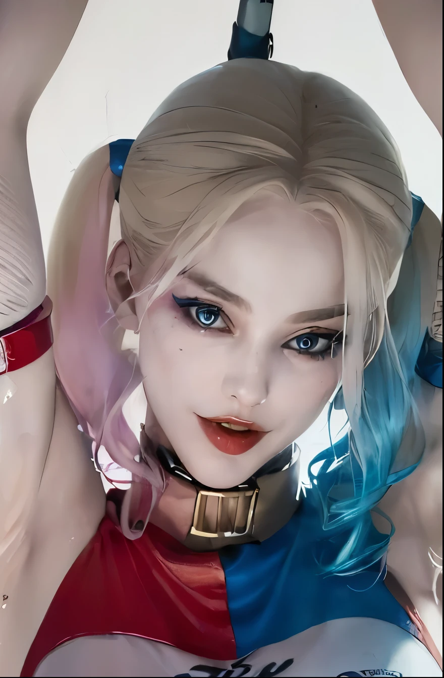 Close-up of a woman dressed in blue ,  red, extremely detailed Art germ, sporty attire of Harley Quinn, most models | Art germ, of Harley Quinn, Art germ. high detal, trending Art germ, Harley Quinn, ! dream Art germ, drawn in the Stylized of Art germ, [ 4K digital art ]!!，(A woman with beautiful and delicate blue eyes, combed blonde hair, in a glamorous pose, (Exhibited) Artistic embryos (tmasterpiece), (, ) high-resolution details, (Capture the) The essence of Art Nouveau, (in a) sporty attire (Created by skilled people) graphic artist, (, ) iintricate ( and  (Seven mileample) the beauty of Artistic embryos, (Carefully crafted) with the highest quality (, ) 4K分辨率, (exuding a) Stylized (this is it) Reminiscent of Art Nouveau.Clown Girl