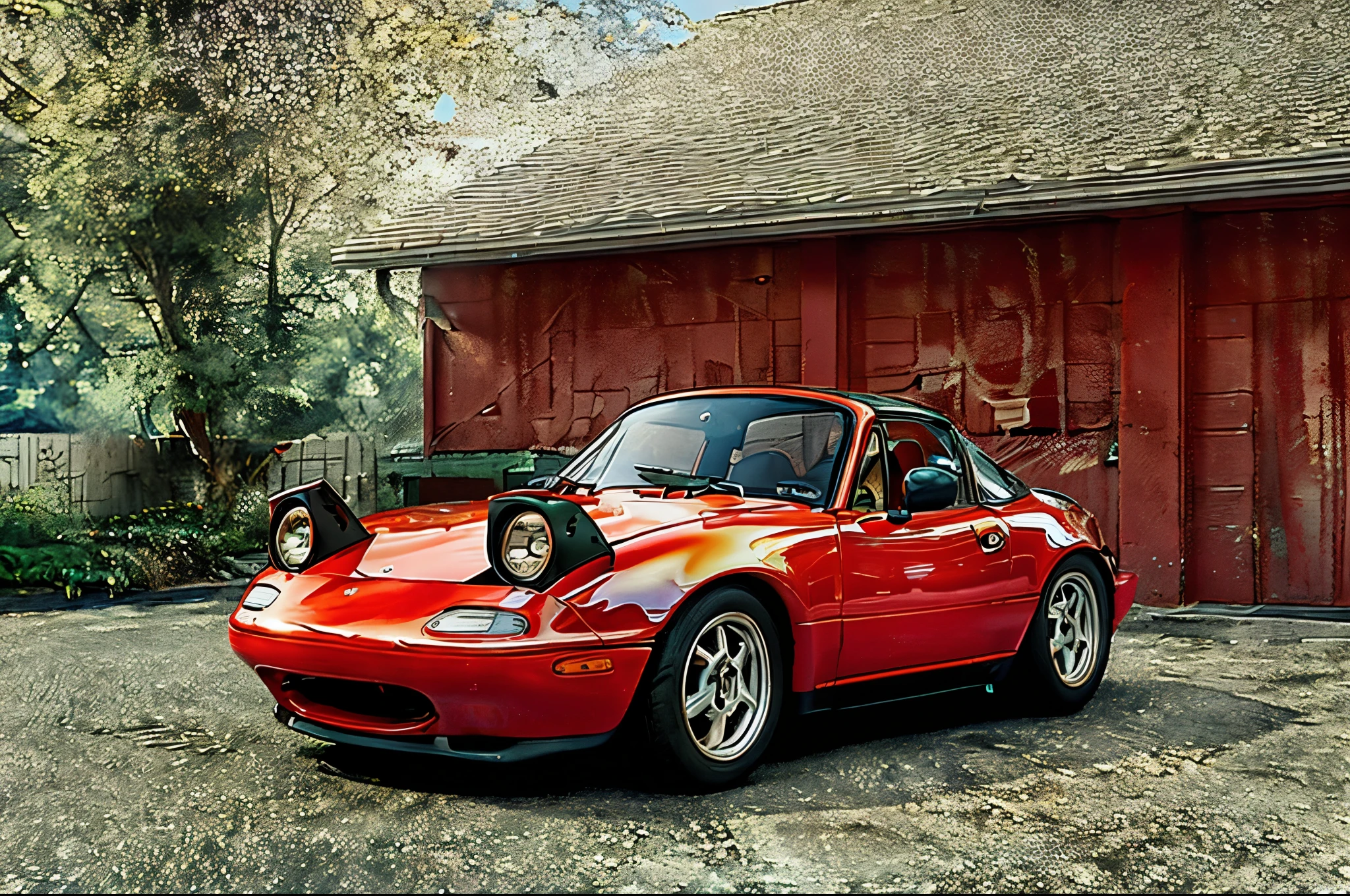 The Allafard RED Porsche 964 is parked in front of the garage, Highly detailed hyperreal retro, Porsche 964, Porsche 964,, Ultra-detailed 3D rendering, Ultra-detailed 3D rendering, Porsche 964, 3D Ultra-Realistic Rendering, veranda, hyper realistic rendering, hyper realistic 3 d render, hyper real render，Mender，tailed，Porsche 964，