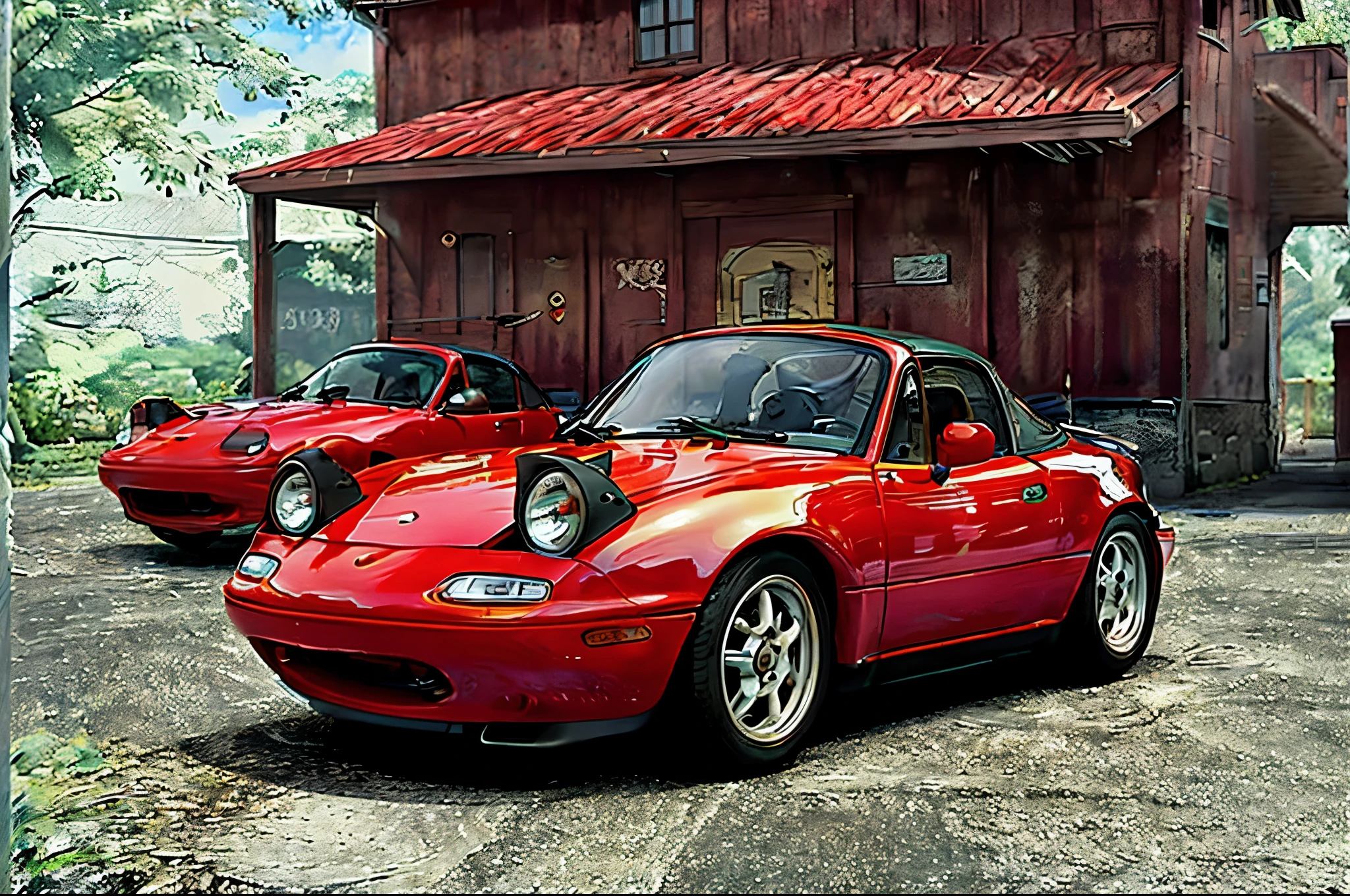 The Allafard RED Porsche 964 is parked in front of the garage, Highly detailed hyperreal retro, Porsche 964, Porsche 964,, Ultra-detailed 3D rendering, Ultra-detailed 3D rendering, Porsche 964, 3D Ultra-Realistic Rendering, veranda, hyper realistic rendering, hyper realistic 3 d render, hyper real render，Mender，tailed，Porsche 964，