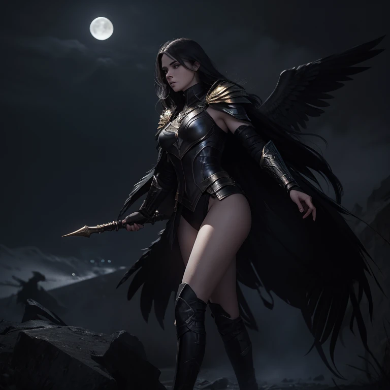 Valkyrie, pale skin, golden eyes, black feather wings, dark hair, strong, intimidating, no armor, seducing a raven, moon in background, flying