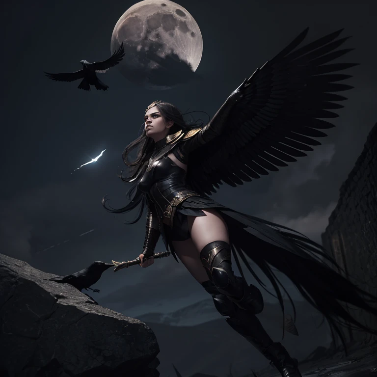 Valkyrie, pale skin, golden eyes, black feather wings, dark hair, strong, intimidating, no armor, seducing a raven, moon in background, flying